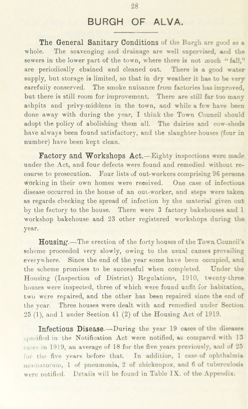 BURGH OF ALVA. The General Sanitary Conditions of the Burgh are good as a whole. The scavenging and drainage are well supervised, and the sewers in the lower part of the town, where there is not much “ fall,’’ are periodically chained and cleaned out. There is a good water supply, but storage is limited, so that in dry weather it has to be very carefuiiy conserved. The smoke nuisance from factories has improved, but there is still room for improvement. There are still far too many ashpits and privy-middens in the town, and while a few have been done away with during the year, I think the Town Council should adopt the policy of abolishing them all. The dairies and cow-sheds have always been found satisfactory, and the slaughter-houses (four in number) have been kept clean. Factory and Workshops Act.—Eighty inspections were made under the Act, and four defects were found and remedied without re- course to prosecution. Four lists of out-workers comprising 96 persons forking in their own homes were received. One case of infectious disease occurred in the house of an out-worker, and steps were taken as regards checking the spread of infection by the material given out by the factory to the house. There were 3 factory bakehouses and 1 workshop bakehouse and 23 other registered workshops during the year. Housing'.—The erection of the forty houses of the Town Councils scheme proceeded very slowly, owing to the usual causes prevailing everywhere. Since the end of the year some have been occupied, and the scheme promises to be successful when completed. Under the Housing (Inspection of District) Regulation®, 1910, twenty-three houses were inspected, three of which were found unfit lor habitation, two were repaired, and the other has been repaired since the end of the year. Three houses were dealt with and remedied under Section 25 (1), and 1 under Section 41 (2) of the Housing Act of 1919. Infectious Disease.—During the year 19 cases of the diseases specified in the Notification Act were notified, as comparfd with 13 cases in 1919, an average of 18 for the five years previously, and of 25 for the five years before that. In addition, 1 case of ophthalmia lie imatornin, 1 of pneumonia, 2 of chiekenpox, and 6 of tuberculosis were notified. Details will be found in Table IX. of the Appiendix.