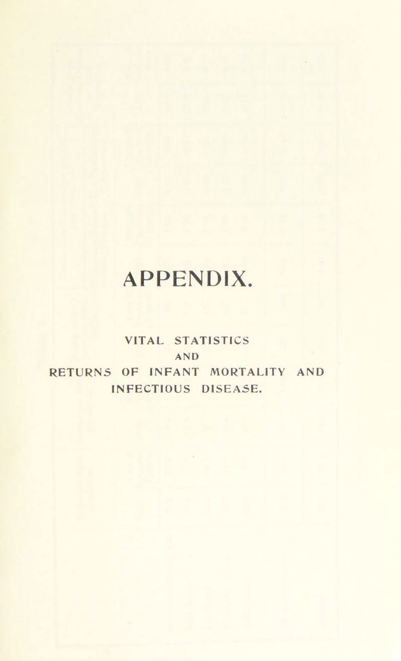 APPENDIX. VITAL STATISTICS AND RETURNS OF INFANT MORTALITY AND INFECTIOUS DISEASE.