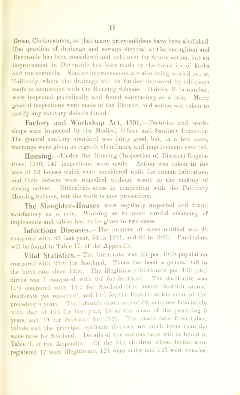 Green, Clackmannan, so that many privy-middens have been abolished The question of drainage and sewage disposal at Coalsuaughton and Devonside has beeu considered and held over for future action, but an improvement in Devonside has been made by the formation of kerbs and run-channels. Similar improvements are also being carried out at Tullibody, where the drainage will be further improved by additions made in connection with the Housing Scheme. Dairies, 36 in number, were inspected periodically and found satisfactory as a rule. Many general inspections were made of the District, and action was taken to rectify any sanitary defects found. Factory and Workshop Act, 1901 , -Factories and work- shops were inspected by the Medical Otlicer and Sanitary Inspector. The general sanitary standard was fairly good, but, in a few cases, warnings were given as regards cleanliness, and improvement resulted. Housing.—Under the Housing (Inspection of District) Regula- tions, 1910, 147 inspections were made. Action was taken in the case of 52 houses which were considered unfit for human habitation, and their defects were remedied without resort to the making of closing orders. Difficulties arose in connection with the Tullibody Housing Scheme, but the work is now proceeding. The Slaughter-Houses were regularly inspected and found satisfactory as a rule. Warning as to more careful cleansing of implements and tables had to be given in two cases. Infectious Diseases.—The number of cases notified was 98 compared with 66 last year, 54 in 1921, and 80 in 1920. Particulars will be found in Table II. of the Appendix. Vital Statistics.- The birth-rate was 23 per 1000 population compared with 22 8 for Scotland, There has been a general fall in the birth rate since 1920. The illegitimate birth-rate per 100 total births was 7 compared with 67 for Scotland. The death-rate was 11-5 compared with 12 9 for Scotland (the lowest Scottish annual death-rate yet recorded), and 14'5 for the District as the mean of the preceding 5 years. The infantile death-rate of 66 computes favourably with that of 102 for last year, 79 as the mean of the preceding 5 years, and 79 for Scotland for 1923. The death-rates from tuber, culosis and the principal epidemic diseases are much lower than the same rates for Scotland. Details of the various rates will be found in Table I. of the Appendix. Of the 244 children whose births were registered 17 wer® illegitimate, 121 were males and 1 .3 were females