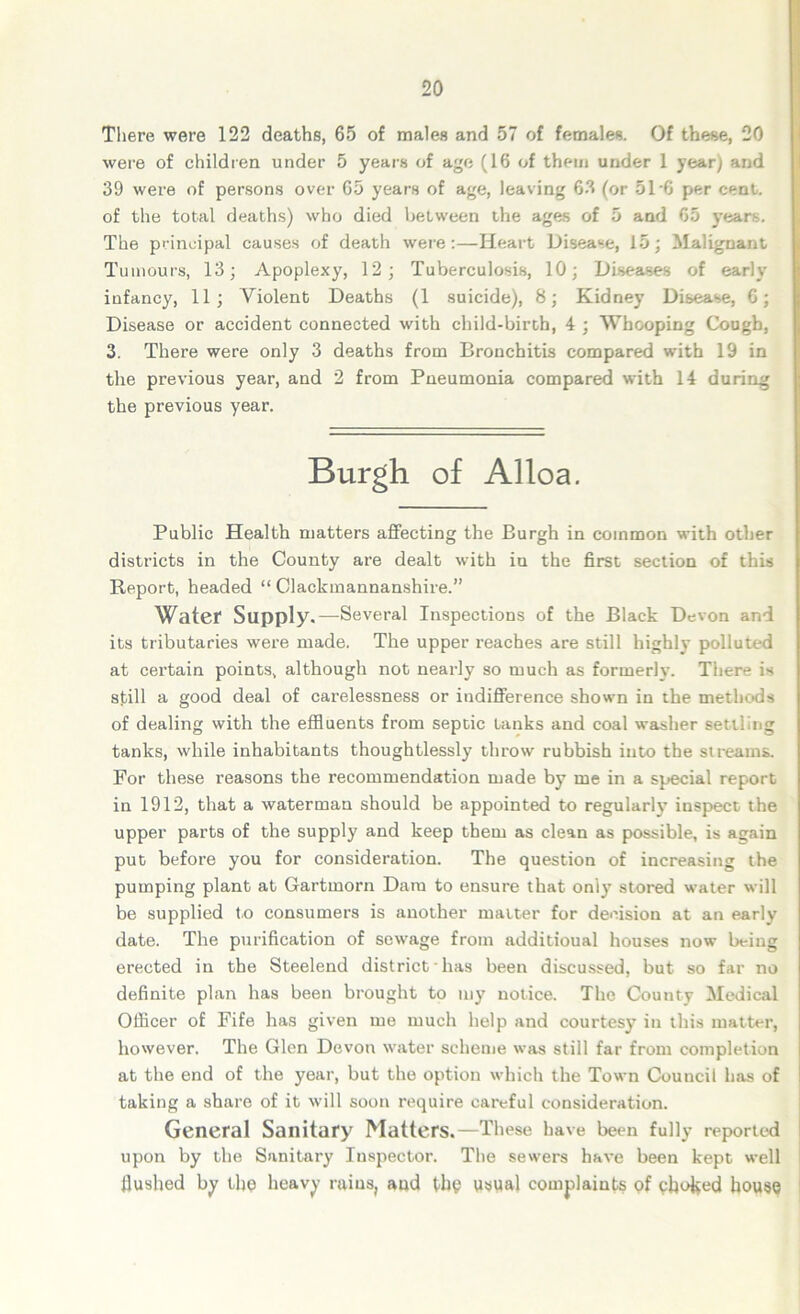 There were 122 deaths, 65 of males and 57 of females. Of these, 20 were of children under 5 years of age (16 of them under 1 year) and 39 were of persons over 65 years of age, leaving 63 (or 51 6 per cent, of the total deaths) who died between the ages of 5 and 65 years. The principal causes of death were:—Heart Disease, 15; Malignant Tumours, 13; Apoplexy, 12; Tuberculosis, 10; Diseases of early infancy, 11; Violent Deaths (1 suicide), 8; Kidney Disease, 6; Disease or accident connected with child-birth, 4 ; Whooping Cough, 3. There were only 3 deaths from Bronchitis compared with 19 in the previous year, and 2 from Pneumonia compared with 14 during the previous year. Burgh of Alloa. Public Health matters affecting the Burgh in common with other districts in the County are dealt with in the first section of this Report, headed “ Clackmannanshire.” Water Supply.—Several Inspections of the Black Devon and its tributaries were made. The upper reaches are still highly polluted at certain points, although not nearly so much as formerly. There is still a good deal of carelessness or indifference shown in the methods of dealing with the effluents from septic tanks and coal washer settling tanks, while inhabitants thoughtlessly throw rubbish iuto the streams. For these reasons the recommendation made by me in a special report in 1912, that a waterman should be appointed to regularly’ inspect the upper parts of the supply and keep them as clean as possible, is again put before you for consideration. The question of increasing the pumping plant at Gartmorn Darn to ensure that only stored water will be supplied to consumers is another matter for decision at an early date. The purification of sewage from additioual houses now being erected in the Steelend district lias been discussed, but so far no definite plan has been brought to my notice. The County Medical Officer of Fife has given me much help and courtesy in this matter, however. The Glen Devon water scheme was still far from completion at the end of the year, but the option which the Town Council has of taking a share of it will soon require careful consideration. General Sanitary Matters.—These have been fully reported upon by the Sanitary Inspector. The sewers have been kept well Hushed by the heavy rains, and tbp usual complaints of phoned bouse