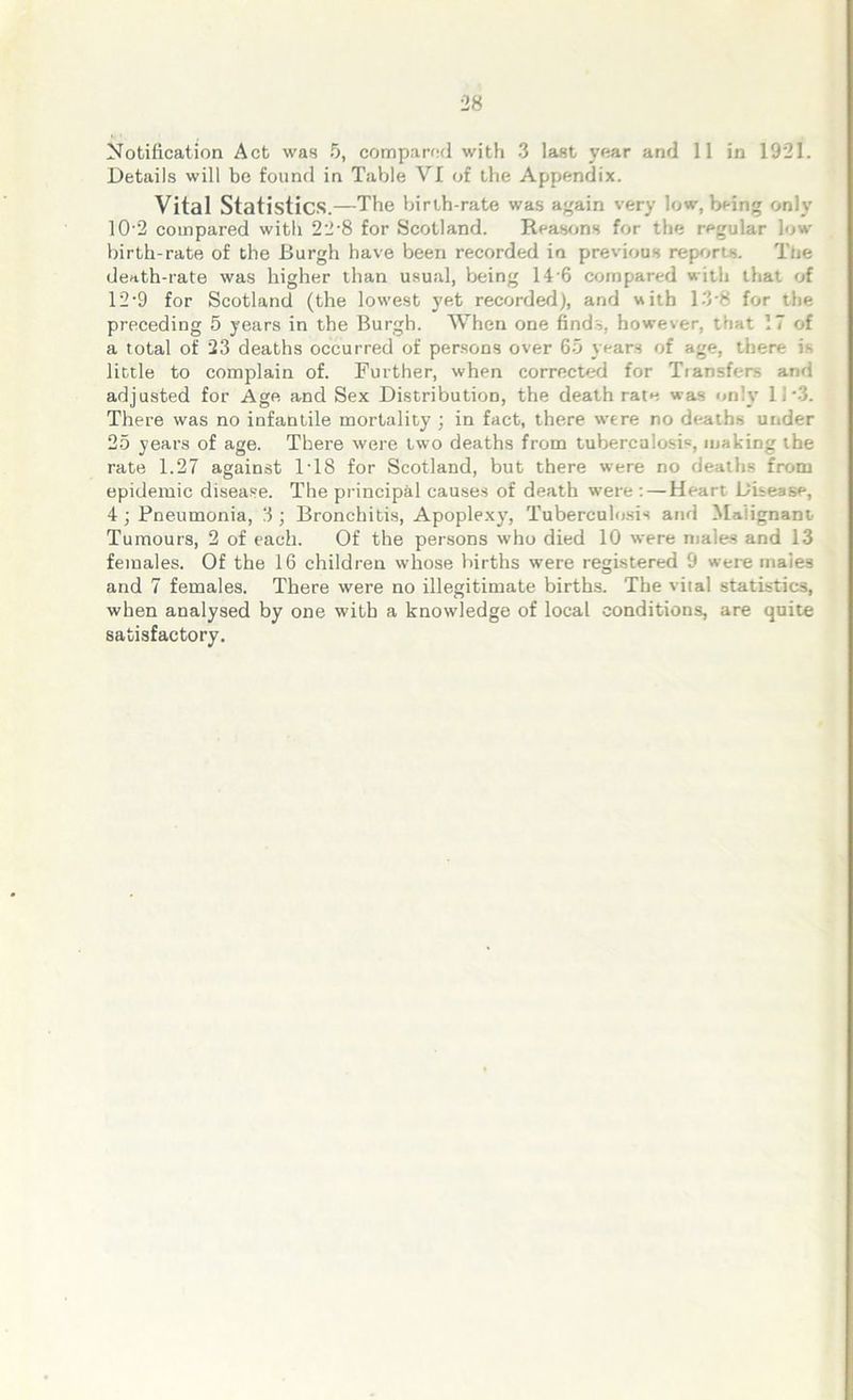 Notification Act was 5, compared with 3 last year and 11 in 1921. Details will be found in Table VI of the Appendix. Vital Statistics.—The birth-rate was again very low, being only 10'2 compared with 22*8 for Scotland. Reasons for the regular low birth-rate of the Burgh have been recorded in previous reports. The death-rate was higher than usual, being 14 6 compared with that of 12*9 for Scotland (the lowest yet recorded), and with 13*8 for the preceding 5 years in the Burgh. When one finds, however, that 17 of a total of 23 deaths occurred of persons over 65 years of age, there is little to complain of. Further, when corrected for Transfers and adjusted for Age and Sex Distribution, the death rate was only 11*3. There was no infantile mortality ; in fact, there were no deaths under 25 years of age. There were two deaths from tuberculosis, making the rate 1.27 against ITS for Scotland, but there were no deaths from epidemic disease. The principal causes of death were : — Heart Disease, 4 ; Pneumonia, 3; Bronchitis, Apoplexy, Tuberculosis and Malignant Tumours, 2 of each. Of the persons who died 10 were males and 13 females. Of the 16 children whose births were registered 9 were males and 7 females. There were no illegitimate births. The viial statistics, when analysed by one with a knowledge of local conditions, are quite satisfactory.