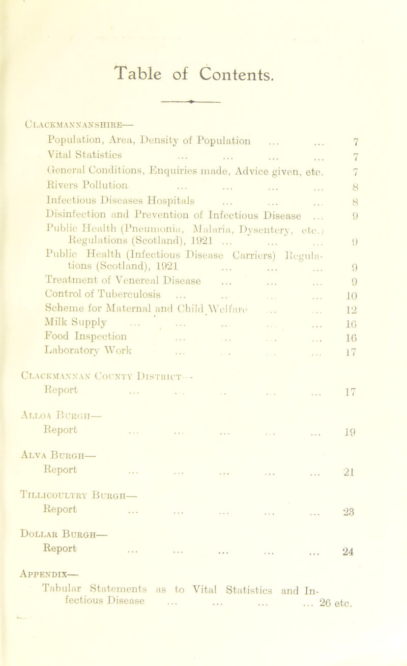 Table of Contents. Clackmannanshire— Population, Area, Density of Population ... ... 7 Vital Statistics ... ... ... ... 7 General Conditions, Enquiries made, Advice given, etc. 7 Rivers Pollution ... ... ... ... g Infectious Diseases Hospitals ... ... ... 8 Disinfection and Prevention of Infectious Disease ... 9 Public Health (Pneumonia, Malaria, Dysentery, etc.) Regulations (Scotland), 1921 ... ... ... 9 Public Health (Infectious Disease Carriers) Regula- tions (Scotland), 1921 ... ... ... 9 Treatment of Venereal Disease ... ... ... 9 Control of Tuberculosis ... .. ... j() Scheme for Maternal and Child Welfare .. ... 12 Milk Supply ... ... .. ... iq Food Inspection ... .. . ... 1(3 Laboratory Work ... ... 17 Clackmannan County District - Report ... . . .. ... ... 17 Alloa Burgh— Report ... ... ... ... ... ig Alva Burgh— Report ... ... ... ... ... 21 Tillicoultry Burgh— Report ... ... ... ... 23 Dollar Burgh— Report ... ... ... ... 24 Appendix— Tabular Statements as to Vital Statistics and In- fectious Disease ... ... ... ... 26 etc.