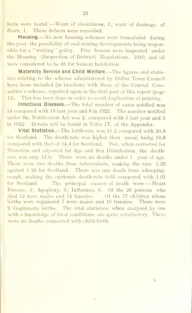 fects were found:—Want of cleanliness, 1; want of drainage of floors, 1. These defects were remedied. Housing.—No new housing schemes were formulated during the year, the possibility of coal-mining developments being respon- sible for a “waiting” policy. Five houses were inspected under the Housing (Inspection of District) Regulations, 1910, and all were considered to be fit for human habitation. Maternity Service and Child Welfare.—The figures and statis- tics relating to the scheme administered by Dollar Town Council have been included (in brackets) with those of the Central Com- mittee's scheme, reported upon in the first part of this report (page 12). This has been done in order to avoid duplication of printing. Infectious Diseases.—The total number of cases notified was 14 compared with 13 last year and 8 in 1922. The number notified under the Notification Act was 2, compared with 5 last year and 3 in 1922. Details will be found in Table IV. of the Appendix. Vital Statistics.—The birth-rate was 11.2 compared with 20.9 for Scotland. The death-rate was higher than usual, being 16.8 compared with that of 14.4 for Scotland. But, when corrected for Transfers and adjusted for Age and Sex Distribution, the death- rate was only 13.0. There were no deaths under 1 year of age. There were two deaths from tuberculosis, making the rate 1.29 against 1.16 for Scotland. There was one death from whooping- cough, making the epidemic death-rate 0.65 compared with 1.01 for Scotland. The principal causes of death were:—Heart Disease, 5; Apoplexy, 3; Influenza, 6. Of the 26 persons who died 12 were males and 14 females. Of the 17 children whose births were registered 7 were males and 10 females. There were 2 illegitimate births. The vital statistics, when analysed by one with a knowledge of local conditions, are quite satisfactory. There were no deaths connected with child-birth. D