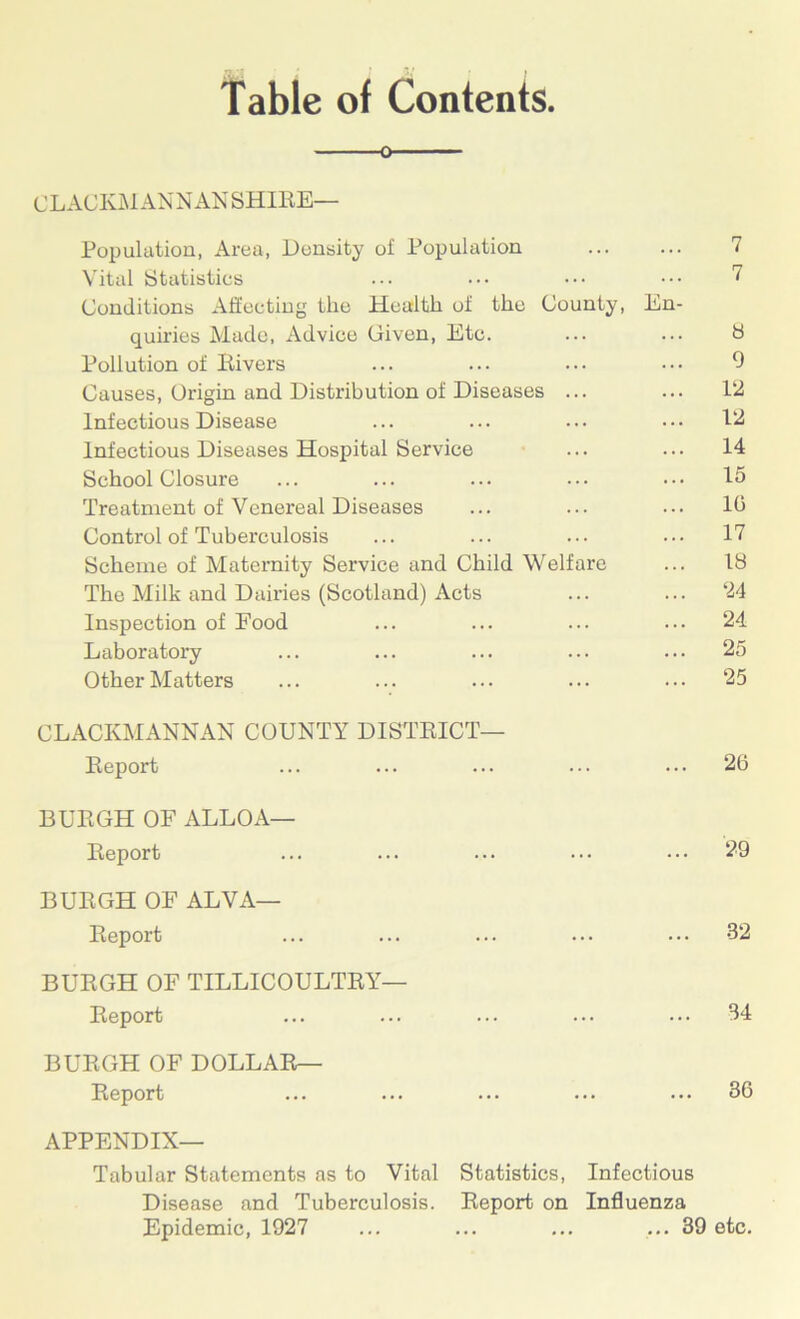 Table of Contents o CLACKMANNAN SHIRE— Population, Area, Density of Population ... ... 7 Vital Statistics ... ••• ••• ••• ? Conditions Affecting the Health of the County, En- quiries Made, Advice Given, Etc. ... ... 8 Pollution of Rivers ... ... ... ••• 9 Causes, Origin and Distribution of Diseases ... ... 12 Infectious Disease ... ... ••• ••• 12 Infectious Diseases Hospital Service ... ... 14 School Closure ... ... ... ••• • •• 15 Treatment of Venereal Diseases ... ... ... 10 Control of Tuberculosis ... ... ••• 17 Scheme of Maternity Service and Child Welfare ... 18 The Milk and Dairies (Scotland) Acts ... ... 24 Inspection of Food ... ... ... ••• 24 Laboratory ... ... ... ... ... 25 Other Matters ... ... ... ... ••• 25 CLACKMANNAN COUNTY DISTRICT— Report ... ... ... ... ... 26 BURGH OF ALLOA— Report ... ... ... ... ••• 29 BURGH OF ALVA— Report ... ... ... ... ... 32 BURGH OF TILLICOULTRY— Report ... ... ... ... ... 34 BURGH OF DOLLAR— Report ... ... ... ... ... 36 APPENDIX— Tabular Statements as to Vital Statistics, Infectious Disease and Tuberculosis. Report on Influenza Epidemic, 1927 ... ... ... ... 39 etc.