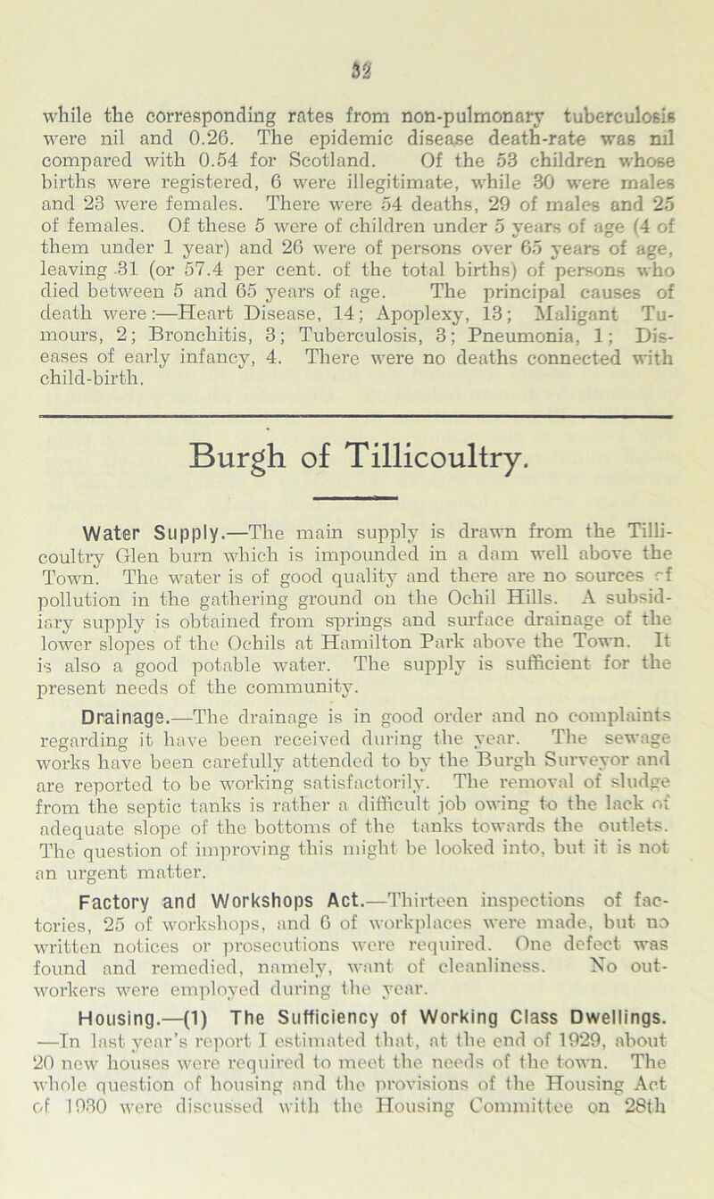 while the corresponding rates from non-pulmonary tuberculosis were nil and 0.26. The epidemic disease death-rate was nil compared with 0.54 for Scotland. Of the 53 children whose births were registered, 6 were illegitimate, while 30 were males and 23 were females. There were 54 deaths, 29 of males and 25 of females. Of these 5 were of children under 5 years of age (4 of them under 1 year) and 26 were of persons over 65 years of age, leaving .31 (or 57.4 per cent, of the total births) of persons who died between 5 and 65 years of age. The principal causes of death were:—Heart Disease, 14; Apoplexy, 13; Maligant Tu- mours, 2; Bronchitis, 3; Tuberculosis, 3; Pneumonia, 1; Dis- eases of early infancy, 4. There were no deaths connected with child-birth. Burgh of Tillicoultry. Water Supply.—The main supply is drawn from the Tilli- coultry Glen bum which is impounded in a dam well above the Town. The water is of good quality and there are no sources rf pollution in the gathering ground on the Oc-hil Hills. A subsid- iary supply is obtained from springs and surface drainage of the lower slopes of the Ochils at Hamilton Park above the Town. It is also a good potable water. The supply is sufficient for the present needs of the community. Drainage.—The drainage is in good order and no complaints regarding it have been received during the year. The sewage works have been carefully attended to by the Burgh Surveyor and are reported to be working satisfactorily. The removal of sludge from the septic tanks is rather a difficult job owing to the lack of adequate slope of the bottoms of the tanks towards the outlets. The question of improving this might be looked into, but it is not an urgent matter. Factory and Workshops Act.—Thirteen inspections of fac- tories, 25 of workshops, and 6 of workplaces were made, but uo written notices or prosecutions were required. One defect was found and remedied, namely, want of cleanliness. No out- workers were employed during the year. Housing.—(1) The Sufficiency of Working Class Dwellings. —In last year’s report I estimated that, at the end of 1929, about 20 new houses were required to meet the needs of the town. The whole question of housing and the provisions of the Housing Act of 1930 were discussed with the Housing Committee on 28th