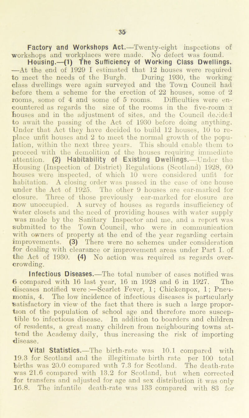Factory and Workshops Act.—Twenty-eight inspections of workshops and workplaces were made. No defect was found. Housing.—(1) The Sufficiency of Working Class Dwellings. —At the end of 1929 I estimated that 12 houses were required to meet the needs of the Burgh. During 1930, the working class dwellings were again surveyed and the Town Council had before them a scheme for the erection of 22 houses, some of 2 rooms, some of 4 and some of 5 rooms. Difficulties were en- countered as regards the size of the rooms in the five-room a houses and in the adjustment of sites, and the Council decided to await the passing of the Act of 1930 before doing anything. Under that Act they have decided to build 12 houses, 10 to re- place unfit houses and 2 to meet the normal growth of the popu- lation, within the next three years. This should enable them to proceed with the demolition of the houses requiring immediate attention. (2) Habitability of Existing Dwellings.—Under the Housing (Inspection of District) llegulations (Scotland) 1928, GO houses were inspected, of which 10 were considered unfit for habitation. A closing order was passed in the case of one house under the Act of 1925. The other 9 houses are ear-marked for closure. Three of those previously ear-marked for closure are now unoccupied. A survey of houses as regards insufficiency of water closets and the need of providing houses with water supply was made by the Sanitary Inspector and me, and a report was submitted to the Town Council, who were in communication with owners of property at the end of the year regarding certain improvements. (3) There were no schemes under consideration for dealing with clearance or improvement areas under Part I. of the Act of 1930. (4) No action was required as regards over- crowding. Infectious Diseases.—The total number of cases notified was 6 compared with 16 last year, 16 in 1928 and 6 in 1927. The diseases notified were:—Scarlet Fever, 1; Chickenpox, 1; Pneu- monia, 4. The low incidence of infectious diseases is particularly satisfactory in view of the fact that there is such a large propor- tion of the population of school age and therefore more suscep- tible to infectious disease. In addition to boarders and children of residents, a great many children from neighbouring towns at- tend the Academy daily, thus increasing the risk of importing disease. Vital Statistics.—The birth-rate was 10.1 compared with 19.3 for Scotland and the illegitimate birth rate per 100 total births was 20.0 compared with 7.3 for Scotland. The death-rate was 21.6 compared with 13.2 for Scotland, but when corrected for transfers and adjusted for age and sex distribution it was only 16.8. The infantile death-rate was 133 compared with 83 for
