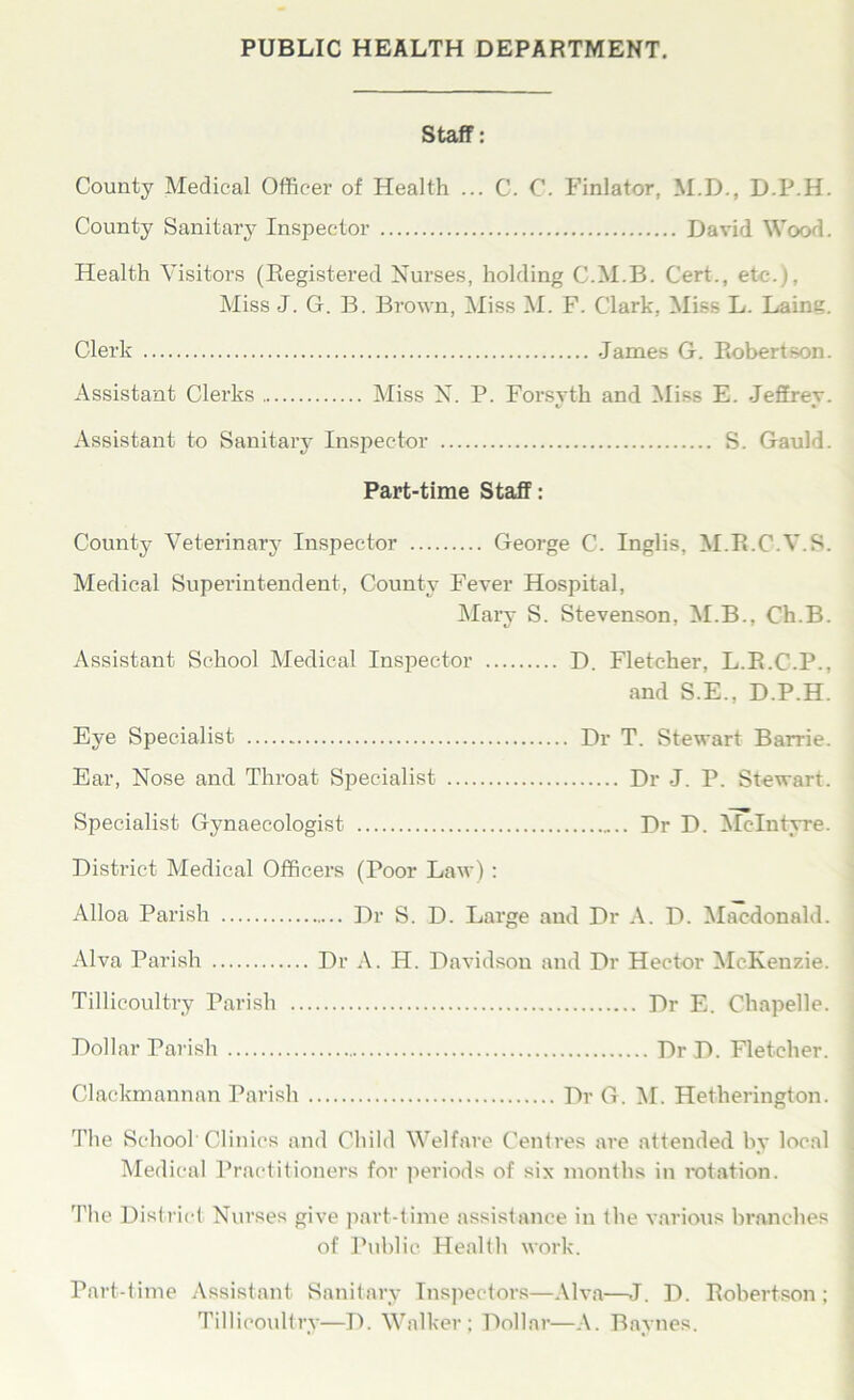 PUBLIC HEALTH DEPARTMENT. Staff: County Medical Officer of Health ... C. C. Finlator, M.D., D.P.H. County Sanitary Inspector David Wood. Health Visitors (Registered Nurses, holding C.M.B. Cert., etc.), Miss J. G. B. Brown, Miss M. F. Clark, Miss L. Laing. Clerk .James G. Robertson. Assistant Clerks Miss N. P. Forsyth and Miss E. Jeffrey. Assistant to Sanitary Inspector S. Gauld. Part-time Staff: County Veterinary Inspector George C. Inglis, M.R.C.V.S. Medical Superintendent, County Fever Hospital, Mary S. Stevenson, M.B., Ch.B. Assistant School Medical Inspector D. Fletcher, L.R.C.P., and S.E., D.P.H. Eye Specialist Dr T. Stewart Barrie. Ear, Nose and Throat Specialist Dr J. P. St-ewart. Specialist Gynaecologist Dr D. McIntyre. District Medical Officers (Poor Law) : Alloa Parish Dr S. D. Large and Dr A. D. Macdonald. Alva Parish Dr A. H. Davidson and Dr Hector McKenzie. Tillicoultry Parish Dr E. Chapelle. Dollar Parish Dr D. Fletcher. Clackmannan Parish Dr G. M. Hetherington. The School Clinics and Child Welfare Centres are attended by local Medical Practitioners for periods of six months in rotation. The District Nurses give part-time assistance in the various branches of Public Health work. Part-time Assistant Sanitary Inspectors—Alva—J. D. Robertson; Tillicoultry—D. Walker; Dollar—A. Baynes.