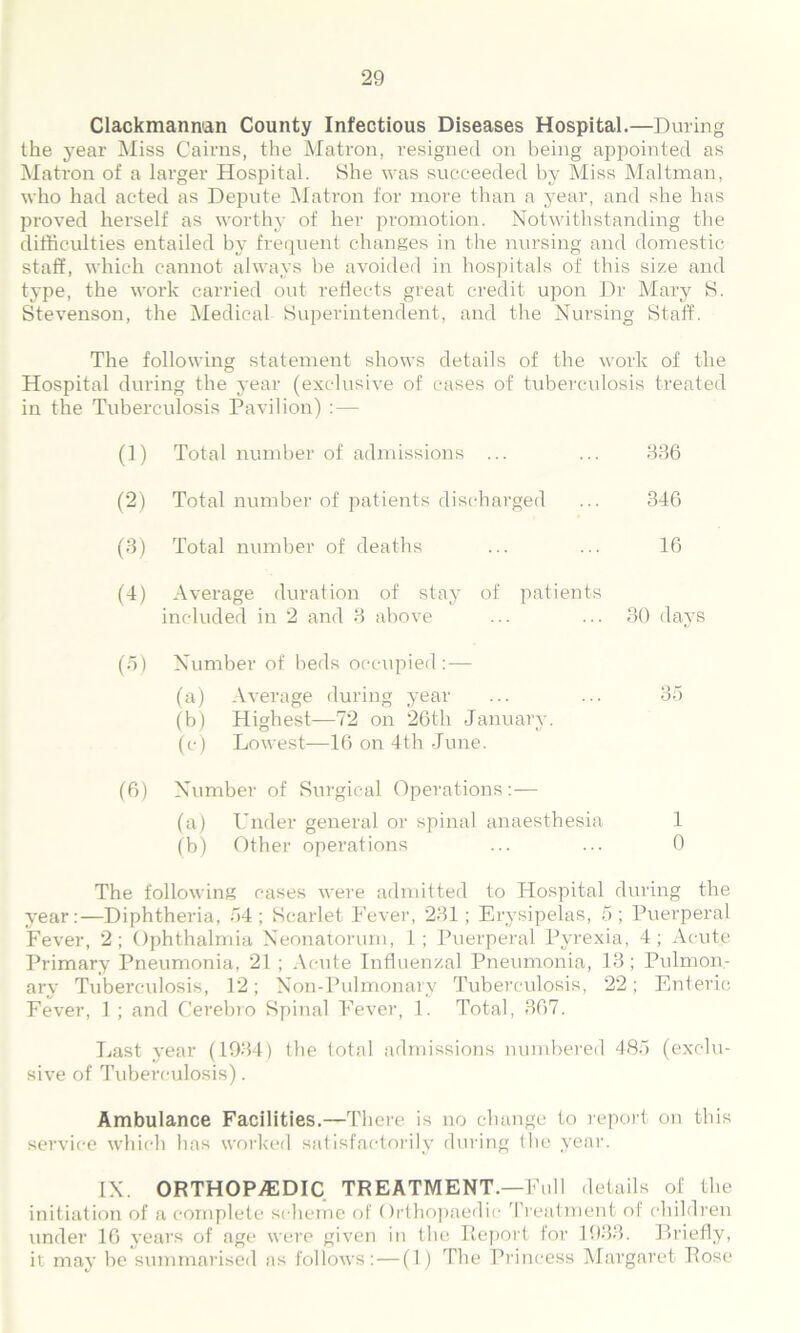 Clackmannan County Infectious Diseases Hospital.—During the year Miss Cairns, the Matron, resigned on being appointed as Matron of a larger Hospital. She was succeeded by Miss Maltman, who had acted as Depute Matron for move than a year, and she has proved herself as worthy of her promotion. Notwithstanding the difficulties entailed by frequent changes in the nursing and domestic staff, which cannot always be avoided in hospitals of this size and type, the work carried out reflects great credit upon Dr Mary S. Stevenson, the Medical- Superintendent, and the Nursing Staff. The following statement shows details of the work of the Hospital during the year (exclusive of cases of tuberculosis treated in the Tuberculosis Pavilion) :— (1) Total number of admissions ... 336 (2) Total number of patients discharged 346 (3) Total number of deaths 16 (4) Average duration of stay of patients included in 2 and 3 above 30 days (5) Number of beds occupied: — (a) Average during year (b) Highest-—72 on 26th January. 35 (c) Lowest—16 on 4th June. (6) Number of Surgical Operations:— (a) Under general or spinal anaesthesia 1 (b) Other operations ... ... 0 The following cases were admitted to Hospital during the year:—Diphtheria, 54; Scarlet Fever, 231 ; Erysipelas, 5; Puerperal Fever, 2; Ophthalmia Neonatorum, 1; Puerperal Pyrexia, 4; Acute Primary Pneumonia, 21 ; Acute Influenzal Pneumonia, 13 ; Pulmon- ary Tuberculosis, 12; Non-Pulmonary Tuberculosis, 22; Enteric Fever, 1; and Cerebro Spinal Fever, 1. Total, 367. Last year (1934) the total admissions numbered 485 (exclu- sive of Tuberculosis). Ambulance Facilities.—There is no change to report on this service which has worked satisfactorily during the year. IX. ORTHOPEDIC TREATMENT.—Full details of the initiation of a complete scheme of Orthopaedic Treatment of children under 16 years of age were given in the Report for 1933. P>riefly, it may be summarised as follows: — (1) The Princess Margaret Rose