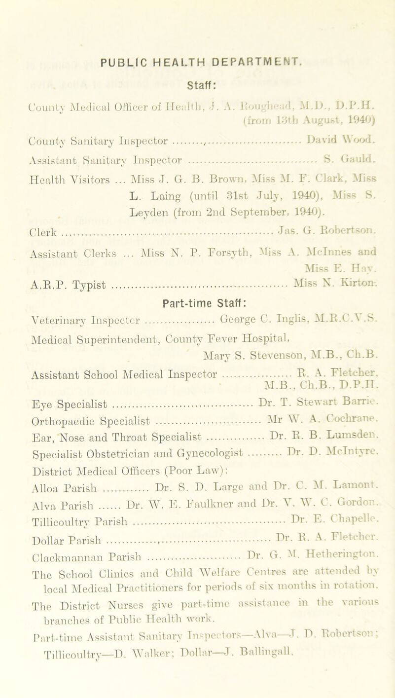 PUBLIC HEALTH DEPARTMENT. Staff: County Medical Officer of Health, J. A. i0>ijc; 11• • ■'!. M.D.. D.P.H. (from 13th August, 1940) County Sanitary Inspector , David Wood. Assistant Sanitary Inspector S. (Jauld. Health Visitors ... Miss J. G. B. Brown, Miss M. F. Clark, Miss L. Laing (until 31st July, 1940), Miss S. Leyden (from 2nd September, 1940). Clerk Jas. G. Robertson. Assistant Clerks ... Miss N. P. Forsyth, Miss A. Melnnes and Miss E. Hay. A.R.P. Typist Miss X. Kirton. Part-time Staff: Veterinary Inspector George C. Inglis, M.R.C A .S Medical Superintendent, County Fever Hospital, Mary S. Stevenson, M.B., Ch.B. Assistant School Medical Inspector R- A. Fletcher, M.B., Ch.B., D.P.H. Eye Specialist Dr. T. Stewart Barrie. Orthopaedic Specialist Mr W. A. Cochrane. Ear, Nose and Throat Specialist Dr. B. B. Lumsden. Specialist Obstetrician and Gynecologist Dr. D. McIntyre. District Medical Officers (Poor Law): Alloa Parish Dr. S. D. Large and Dr. C . AT. Lamont. Alva Parish Dr. W. E. Faulkner and Dr. A . W . t . (ioid< Tillicoultry Parish Dr. D.. t hapehc. Dollar Parish Dr. R. A. Fletcher Clackmannan Parish Dr. G. M. Hetherington. The School Clinics and Child AV el fare Centres are attended by local Medical Practitioners for periods of six months in rotation. The District Nurses give part-time assistance in the various branches of Public Health work. Part-time Assistant Sanitary Inspectors—Alva—J. D. Robertson; Tillicoultry—D. AValker; Dollar—J. Ballingall.
