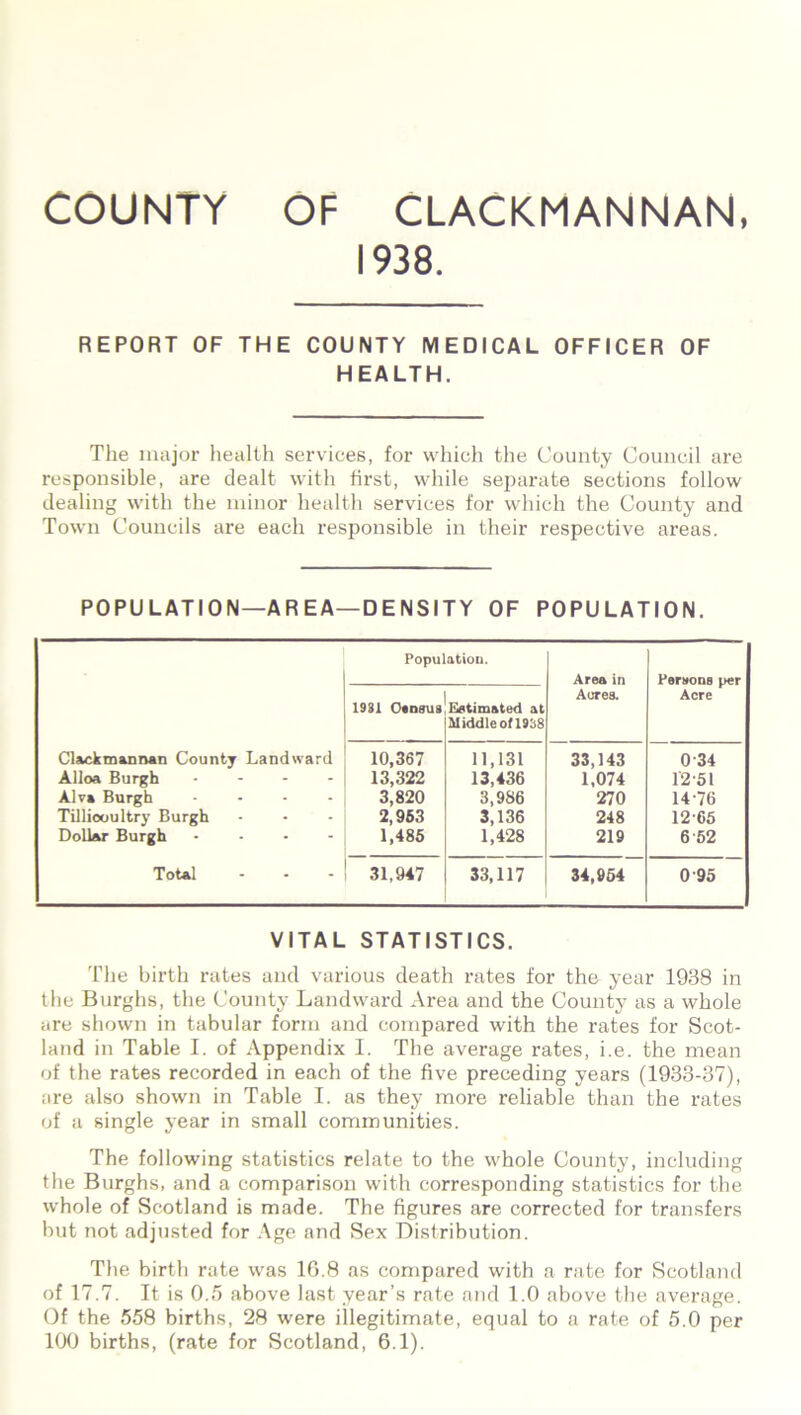 1938. REPORT OF THE COUNTY MEDICAL OFFICER OF HEALTH. The major health services, for which the County Council are responsible, are dealt with first, while separate sections follow dealing with the minor health services for which the County and Towm Councils are each responsible in their respective areas. POPULATION—AREA—DENSITY OF POPULATION. Clackmannan County Landward Alloa Burgh - - - - Alva Burgh .... Tilliooultry Burgh Dollar Burgh - Total ... Population. Area in Acres. Persons per Acre 1931 Otnsus Estimated at Middled 1958 10,367 13,322 3,820 2,963 1,485 11,131 13,436 3,986 3,136 1,428 33,143 1,074 270 248 219 0 34 12-51 14-76 12-65 6 52 31,947 33,117 34,954 0 95 VITAL STATISTICS. The birth rates and various death rates for the year 1938 in the Burghs, the County Landward Area and the County as a whole are shown in tabular form and compared with the rates for Scot- land in Table I. of Appendix I. The average rates, i.e. the mean of the rates recorded in each of the five preceding years (1933-37), are also shown in Table I. as they more reliable than the rates of a single year in small communities. The following statistics relate to the whole County, including the Burghs, and a comparison with corresponding statistics for the whole of Scotland is made. The figures are corrected for transfers but not adjusted for Age and Sex Distribution. The birth rate was 1G.8 as compared with a rate for Scotland of 17.7. It is 0.5 above last year’s rate and 1.0 above the average. Of the 558 births, 28 were illegitimate, equal to a rate of 5.0 per 100 births, (rate for Scotland, 6.1).