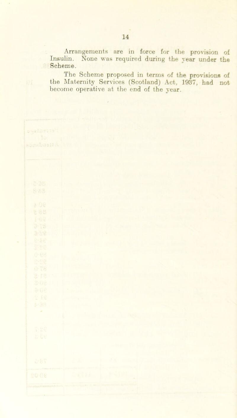 Arrangements are in force for tlie provision of Insulin. None was required during the year under the Scheme. The Scheme proposed in terms of the provisions of the Maternity Services (Scotland) Act, 1937, had not become operative at the end of the year.