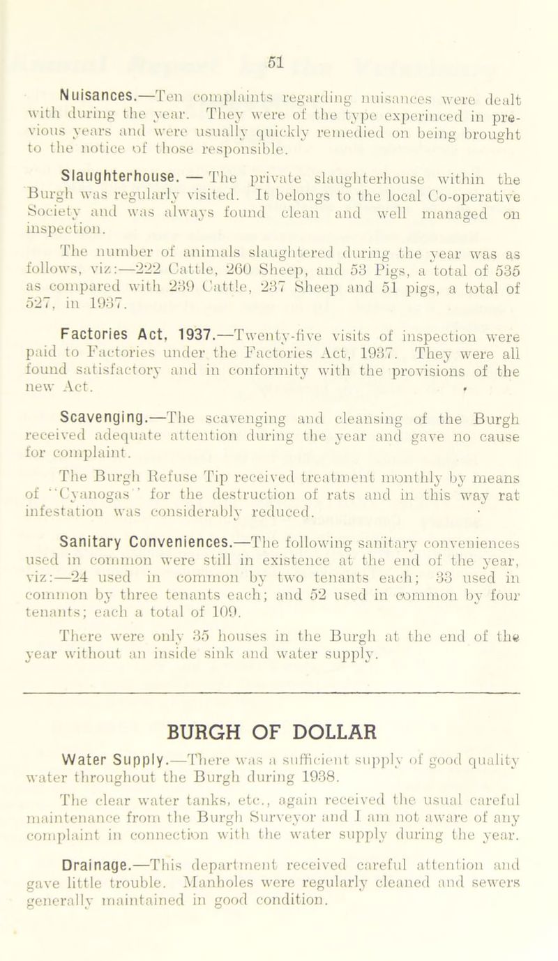 Nuisances.—Ten complaints regarding nuisances were dealt with during the year. They were of the type experinced in pre- vious years and were usually quickly remedied on being brought to the notice of those responsible. Slaughterhouse. — The private slaughterhouse within the Burgh was regularly visited. It belongs to the local Co-operative Society and was always found clean and well managed on inspection. The number of animals slaughtered during the year was as follows, viz:—222 Cattle, 260 Sheeji, and 53 Pigs, a total of 535 as compared with 239 Cattle, 237 Sheep and 51 pigs, a total of 527, in 1937. Factories Act, 1937.—Twenty-five visits of inspection were paid to Factories under the Factories Act, 1937. They were all found satisfactory and in conformity with the provisions of the new Act. . Scavenging.—The scavenging and cleansing of the Burgh received adequate attention during the year and gave no cause for complaint. The Burgh Refuse Tip received treatment monthly by means of “Cyanogas for the destruction of rats and in this way rat infestation was considerably reduced. Sanitary Conveniences.—The following sanitary conveniences used in common were still in existence at the end of the year, viz:—24 used in common by two tenants each; 33 used in common by three tenants each; and 52 used in common by four tenants; each a total of 109. There were only 35 houses in the Burgh at the end of the year without an inside sink and water supply. BURGH OF DOLLAR Water Supply.—There was a sufficient supply of good quality water throughout the Burgh during 1938. The clear water tanks, etc., again received the usual careful maintenance from the Burgh Surveyor and I am not aware of any complaint in connection with the water supply during the year. Drainage.—This department received careful attention and gave little trouble. Manholes were regularly cleaned and sewers generally maintained in good condition.