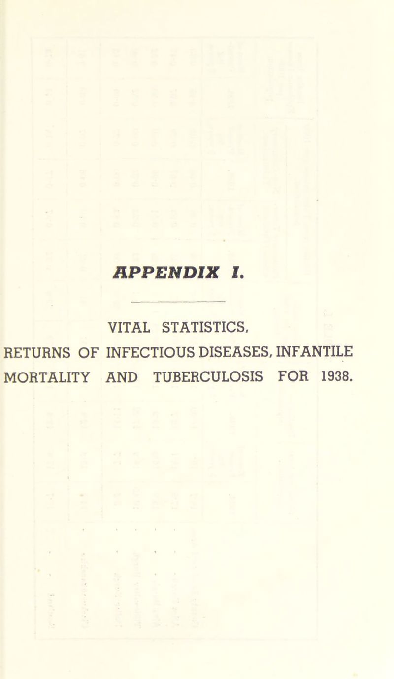 APPENDIX I VITAL STATISTICS, RETURNS OF INFECTIOUS DISEASES, INFANTILE MORTALITY AND TUBERCULOSIS FOR 1938.