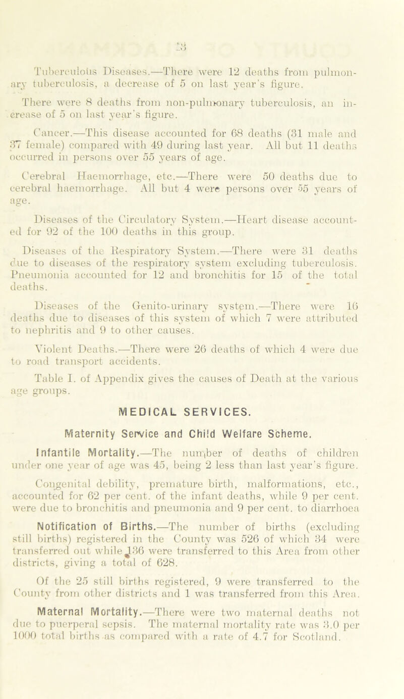 Tuberculous Diseases.—There were 12 deaths from pulmon- ary tuberculosis, a decrease of 5 on last year’s figure. There were 8 deaths from non-pulmonary tuberculosis, an in- crease of 5 on last year’s figure. Cancer.—This disease accounted for 68 deaths (31 male and 37 female) compared with 49 during last year. All but 11 deaths occurred in persons over 55 years of age. Cerebral Haemorrhage, etc.—There were 50 deaths due to cerebral haemorrhage. All but 4 were persons over 55 years of age. Diseases of the Circulatory System.—Heart disease account- ed for 92 of the 100 deaths in this group. Diseases of the Respiratory System.—There were 31 deaths due to diseases of the respiratory system excluding tuberculosis. Pneumonia accounted for 12 and bronchitis for 15 of the total deaths. Diseases of the Genito-urinary systpm.—There were 16 deaths due to diseases of this system of which 7 were attributed to nephritis and 9 to other causes. Violent Deaths.—There were 26 deaths of which 4 were due to road transport accidents. Table I. of Appendix gives the causes of Death at the various age groups. MEDICAL SERVICES. Maternity Service and Child Welfare Scheme. Infantile Mortality.—The number of deaths of children under one year of age was 45, being 2 less than last year’s figure. Congenital debility, premature birth, malformations, etc., accounted for 62 per cent, of the infant deaths, while 9 per cent, were due to bronchitis and pneumonia and 9 per cent, to diarrhoea Notification of Births.—The number of births (excluding still births) registered in the County was 526 of which 34 were transferred out while J.36 were transferred to this Area from other districts, giving a total of 628. Of the 25 still births registered, 9 were transferred to the County from other districts and 1 was transferred from this Area. Maternal Mortality.—There were two maternal deaths not due to puerperal sepsis. The maternal mortality rate was 3.0 per 1000 total births as compared with a rate of 4.7 for Scotland.