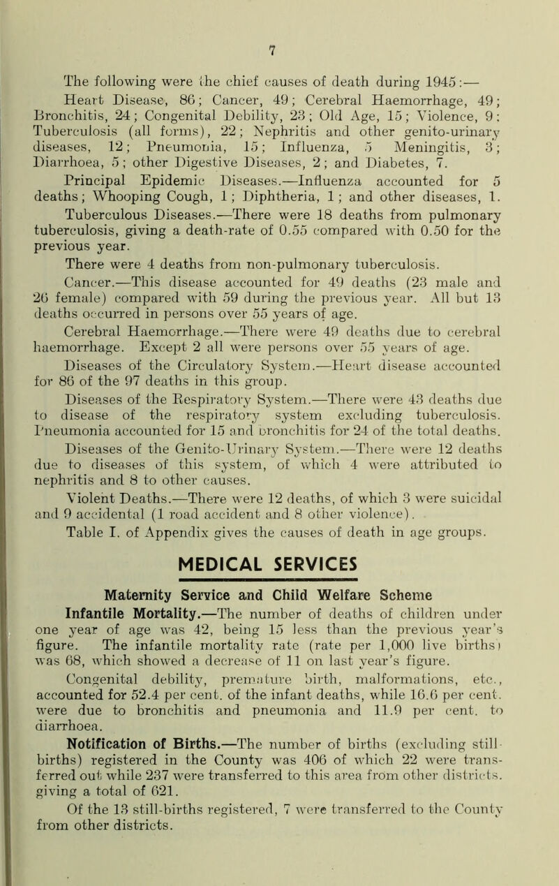 The following were the chief causes of death during 1945:— Heart Disease-, 86; Cancer, 49; Cerebral Haemorrhage, 49; Bronchitis, 24; Congenital Debility, 23 ; Old Age, 15; Violence, 9: Tuberculosis (all forms), 22; Nephritis and other genito-urinary diseases, 12; Pneumonia, 15; Influenza, 5 Meningitis, 3; Diarrhoea, 5; other Digestive Diseases, 2; and Diabetes, 7. Principal Epidemic Diseases.—Influenza accounted for 5 deaths; Whooping Cough, 1; Diphtheria, 1; and other diseases, 1. Tuberculous Diseases.—There were 18 deaths from pulmonary tuberculosis, giving a death-rate of 0.55 compared with 0.50 for the previous year. There were 4 deaths from non-pulmonary tuberculosis. Cancer.—This disease accounted for 49 deaths (23 male and 26 female) compared with 59 during the previous year. All but 13 deaths occurred in persons over 55 years of age. Cerebral Haemorrhage.—There were 49 deaths due to cerebral haemorrhage. Except 2 all were persons over 55 years of age. Diseases of the Circulatory System.—Heart disease accounted for 86 of the 97 deaths in this group. Diseases of the Eespiratovy System.—There were 43 deaths due to disease of the respiratory system excluding tuberculosis. Pneumonia accounted for 15 and bronchitis for 24 of the total deaths. Diseases of the Genito-Urinarj? System.—There were 12 deaths due to diseases of this system, of which 4 were attributed to nephritis and 8 to other causes. Violent Deaths.—There were 12 deaths, of which 3 were suicidal and 9 accidental (1 road accident and 8 other violence). Table I. of Appendix gives the causes of death in age groups. MEDICAL SERVICES Maternity Service and Child Welfare Scheme Infantile Mortality.—The number of deaths of children under one year of age was 42, being 15 less than the previous year’s figure. The infantile mortality rate (rate per 1,000 live births) was 68, which showed a decrease of 11 on last year’s figure. Congenital debility, premature birth, malformations, etc., accounted for 52.4 per cent, of the infant deaths, while 16.6 per cent, were due to bronchitis and pneumonia and 11.9 per cent, to diarrhoea. Notification of Births.—The number of births (excluding still- births) registered in the County was 406 of which 22 were trans- ferred out while 237 were transferred to this area from other districts, giving a total of 621. Of the 13 still-births registered, 7 were transferred to the County from other districts.