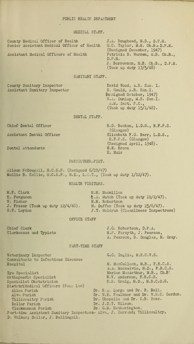 PUBLIC HEALTH DEPARTMENT MEDICAL STaFF. J.Ao Roughead, M.D., D.P.H. G.C. Taylor, M.B. Ch.B.s D.P.H. (Resigned December, 1947) Patricia S. Warren, M.B. Ch.B., D.P.H. J. Borrowman, M.B. Ch.B., D.P.H. (Took up duty 17/5/48) SANITARY STAFF. County Medical Officer of Health Senior Assistant Medical Officer of Health Assistant Medical Officers of Health v County Sanitary Inspector David 'Wood, A.R. San. I. Assistant Sanitary Inspector S, Gauld, A.R. San.I. Resigned October, 1947) W.A. Dunlop, M.R. San.I. A.M. Inst. P.C., (Took up duty 15/1/48). DENTAL ,STaFF. Chief Dental Officer R.D. Buchan, L.D.S., R.F.P.S. (Glasgow) Assistant Dental Officer Elizabeth F.G. Barr, L.D.S., R.F.P.S. (Glasgow) (Resigned April, 1948). Dental Attendants W.W. Brown E. Muir PHYSIOTHERAPIST. rilison McDougall, M.C.S.P. (Resigned 6/10/47) Mollie B. Kellie, M.C.S.P,, M.E., L.E.T., (Took up duty 1/12/47). HEALTH VISITORS. M.F. Clark E. Ferguson W. Fisher J. Fraser (Took up duty 12/4/48). S.P. Leyden M.M, Macmillan L. A. Mutch (Took up duty 10/2/47). H.N. Robertson M. Duffus (Took up duty 15/6/47). J.T. Meldrum (Cleanliness Inspectress) OFFICE STAFF Chief Clerk Clerkesses and Typists J.G. Robertson, D.P.A, N.P. Forsyth, J, Pearson, A. Pearson, B. Douglas, M. Gray. PART-TIME STAFF Veterinary Inspector Consultants to Infectious Diseases Hospital Eye Specialist Orthopaedic Specialist Specialist Obstetrician DistrictMedical Officers (Poor Law) Alloa Parish Dr Alva Parish Dr Tillicoultry Parish Dr Dollar Parish Dr Clackmannan Parish Dr Part-time Assistant Sanitary Inspectors- D. Walkerj Dollar, J. Ballingall. G.C. Inglis, M.R.C.V.S. M. MacCulloch, M.B., F.R.C.S, A.A. Mackelvie, M.D., F.R.C.S. Marion MacArthur, M.B., Ch.B* • W.V. Anderson, F.R.C.S. D.S. Greig, M.D., M.R.C.O.G. . N.A. Large and Dr. R. Bell. . W.E. Faulkner and Dr. V.W.C. Gordon. . Chapelle and Dr. W.B. Ross. . J.D.T. Wilson. , G.M. Hetherington. Alva, J. Durrandj Tillicoultry,