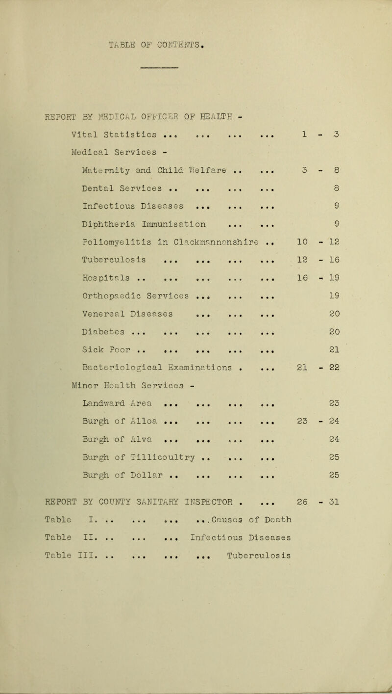 TABLE OF CONTENTS REPORT BY MEDICAL OFFICER OF HEALTH - Vital Statistics ... Medical Services - Maternity and Child VJelfare .. Dental Services . . ... ... Infectious Diseases ... ... Diphtheria Immunisation ... Poliomyelitis in Clackmannanshire ., 10 Tuberculosis ... 12 Hos pit als .. o.« ... ... ... IB Orthopaedic Services Venereal Diseases ... ... Diabetes ... ... . . . ... . Sick Poor Bacteriological Examinations . ... 21 Minor Health Services - Landward Area ... ... ... Burgh of Alloa ... ... ... o.. 2u Burgh of Alva ... ... ... Burgh of Tillicoultry .. ... Burgh of Dollar .• REPORT BY COUNTY Table I. .. Table II. .. Table III. .. SANITARY INSPECTOR . ...Causes of Death .. ... Infectious Diseases .. ... ... Tuberculosis 26 - 3 - 8 8 9 9 - 12 - 16 - 19 19 20 20 21 - 22 23 - 24 24 25 25 - 31
