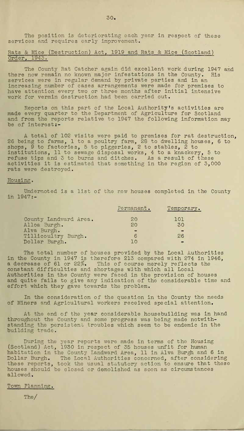 30 The position is deteriorating each year in respect of these services and requires early improvement. Rats & Mice (Destruction) Act, 1919 and Rats & Mice (Scotland) Order, 1945. The County Rat Catcher again did excellent work during 1947 and there now remain no known major infestations in the County. His services were in regular demand hy private parties and in an increasing number of cases arrangements were made for premises to have attention every two or three months after initial intensive work for vermin destruction had been carried out. Reports on this part of the Local Authority’s activities are made every quarter to the Department of Agriculture for Scotland and from the reports relative to 1947 the following information may be of interestj- A total of 102 visits were paid to premises for rat destruction, 26 being to farms, 1 to a poultry farm, 28 to dwelling houses, 6 to shops, 9 to factories, 5 to piggeries, 2 to stables, 2 to institutions, 11 to sewage disposal works, 4 to a knackery, 5 to refuse tips and 3 to burns and ditches. As a result of these activities it is estimated that something in the region of 3,000 rats were destroyed. Housing, in Undernoted 1947;- is a list of the new houses completed in the County Permanent. Temporary, County Landward Area. 20 101 Alloa Burgh. 20 30 Alva Burgh. - - Tillicoultry Burgh. 6 26 Dollar Burgh. 10 - The total number of houses provided by the Local in the County in 1947 is therefore 213 compared with 274 in 1946, a decrease of 61 or 22%. This of course merely reflects the constant difficulties and shortages with which all Local Authorities in the County were faced in the provision of houses and quite fails to give any indication of the considerable time and effort which they gave towards the problem. In the consideration of the question in the County the needs of Miners and Agricultural workers received special attention. At the end of the year considerable housebuilding was in hand throughout the County and some progress was being made notwith- standing the persistenl troubles which seem to be endemic in the building trade. During the year reports were made in terms of the Housing (Scotland) Act, 1930 in respect of 35 houses unfit for human habitation in the County Landward Area, 11 in Alva Burgh and 6 in Dollar Burgh. The Local Authorities concerned, after considering these reports, took the usual statutory action to ensure that these houses should be closed or demolished as soon as circumstances allowed. Town Planning.