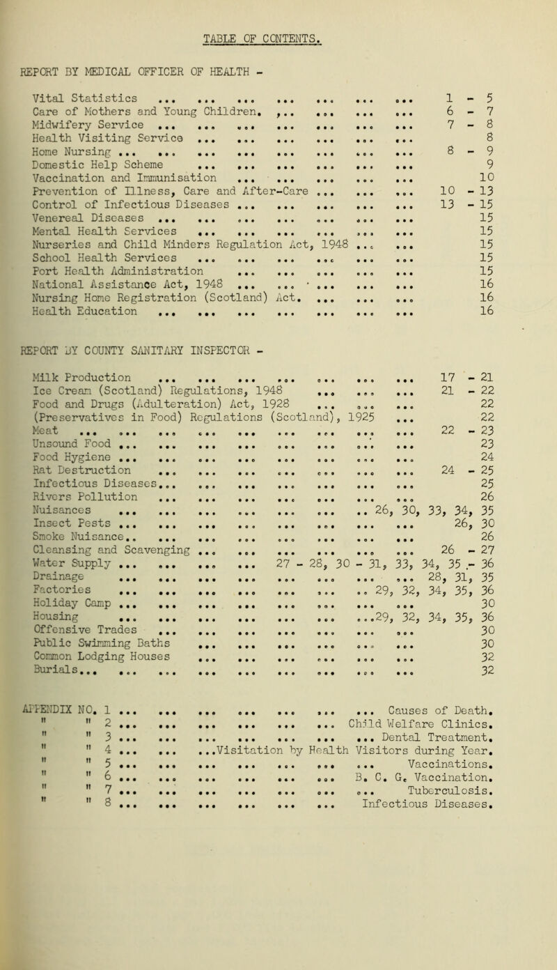 TABLE OF CONTENTS. REPORT BY MEDICAL OFFICER OF HEALTH - Vital Statistics Care of Mothers and Young Children. Midwifery Service . ... Health Visiting Service Home Nursing Domestic Help Scheme Vaccination and Immunisation ... Prevention of Illness, Care and After-Care Control of Infectious Diseases . Venereal Diseases ... ... ... Mental Health Services Nurseries and Child Minders Regulation Act, School Health Services ... ... Port Health Administration ... National Assistance Act, 1948 ... Nursing Homo Registration (Scotland) Act. Health Education ... 1948 1 6 7 8 10 13 - 5 - 7 - 8 8 - 9 9 10 - 13 - 15 15 15 15 15 15 16 16 16 REPORT BY COUNTY SANITARY INSPECTOR - Milk Production • • • 0 0 0 0 9 0 0 0 9 0 9 0 ooo ooo 17 21 Ice Cream (Scotland) Regulations, 1948 0 0 0 21 - OOO OOO *—L 22 Food and Drugs (Adulteration) Act, 1928 0 0 9 0 %» 0 ooo 22 (Preservatives in Food) Regulations (Scotland), 1925 ... 22 Meat ... ... 0 9 0 0 0 9 o o 0 ♦ e • 9 0 0 ooo ooo ^2 23 Unsound Food ,.. 0 0 9 0 0 9 0 0 9 o e • 0 0 o OOO 900 23 Food Hygiene ... 0 0 9 o • • 0 9 0 • e • OOO coo ooo 24 Rat Destruction O O 0 • • • 0 0 9 0 0 9 0 0 0 ooo ooo 24 *■ 25 Infectious Diseases... O 0 • 0 0 0 0 9 0 0 • 0 OOO 009 25 Rivers Pollution 0 0 9 • • o 0 0 9 o o e e • • OOO OOO 26 Nuisances ... 9 0 0 9 0 0 0 9 9 0 0 9 coo .. 26, 30, 33, 34, 35 Insect Pests ... 0 0 9 • • • 9 0 0 9 0 0 0 O 0 OOO ooo 26, 30 Smoke Nuisance.. 0 0 9 0 0 9 0 0 9 9 0 0 0 0 0 9 0 0 OOO 26 Cleansing and Scavenging 0 o 0 O 0 0 0 0 9 0 O 0 ooo ooo 26 • 27 Water Supply ... 0 0 o 0 0 9 0 o o 27 - 28, 30 - 31, 33, 34, 35 - 36 Drainage ... 0 0 9 o o o 0 0 o • o • 0 O 0 090 900 28, 31, 35 Factories ... o o o 0 0 o O 0 0 9 0 0 0 « O oo 29, 32, 34, 35, 36 Holiday Camp ... O 0 o 0 O 0 O O 0 O 0 o 9 0 0 ooo ooo 30 Housing ... o 9 0 0 0 9 0 0 9 • • • 0 « O ooo29, 32, 34, 35, 36 Offensive Trades • • • 0 9 9 0 0 9 9 9 0 coo ooo 900 30 Public Swimming Baths • 9 • 0 0 9 0 C 9 o o o 0 9 0 0 0 9 30 Common Lodging Houses 0 0 9 0 9 9 0 9 0 0 0 9 ooo ooo 32 Burials 0 0 9 0 O 0 0 9 0 0 9 0 0 9 0 ooo ooo 32 APPENDIX NO. 1 .. ii ii p • • ft I! Q J • •   4 ..   5 ..   6 ..   7 ..   8 .. • • O OOO 9 • 0 9 0 0 • •• ••• OOO O • O • • O 9 0 0 • • • ••• ...Visitation by Health 0 o o 9 0 0 o c • *09 • O • 0 9 0 « • • 9 0 0 • •• 9 0 9 C 9 9 0 0 9 OOO ••• ••• 0 9 9 ... Causes of Death Child Welfare Clinics ... Dental Treatment Visitors during Year ... Vaccinations B. C. G. Vaccination o.. Tuberculosis Infectious Diseases