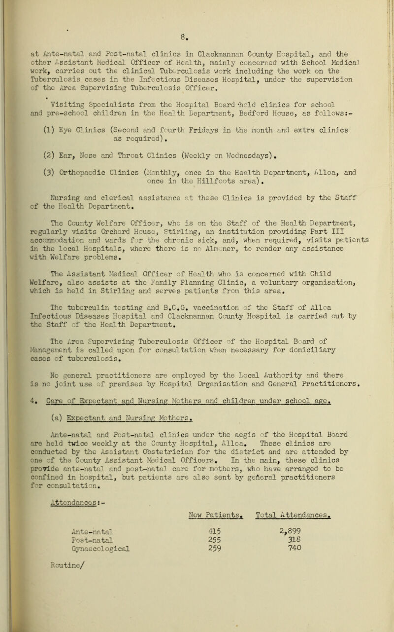 at /mte-natal and Post-natal clinics in Clackmannan County Hospital, and the other Assistant Medical Officer of Health, mainly concerned with School Medical work, carries out the clinical Tuberculosis work including the work on the Tuberculosis cases in the Infectious Diseases Hospital, under the supervision of the ij?ea Supervising Tuberculosis Officer. • Visiting Specialists from the Hospital Board ‘hold clinics for school and pre-school children in the Health Department, Bedford House, as follows;- (1) Eye Clinics (Second and fourth Fridays in the month and extra clinics as required). (2) Ear, Nose and Throat Clinics (Weekly on Wednesdays)• (3) Orthopaedic Clinics (Monthly, once in the Health Department, Alloa, and once in the Hillfoots area)♦ Niirsing and clerical assistance at these Clinics is provided by the Staff of the Health Department. The County Welfare Officer, who is on the Staff of the Health Department, regularly visits Orchard House, Stirling, an institution providing Part III accommodation and wards for the chronic sick, and, when required, visits patients in the local Hospitals, where there is no Alm.cner, to render any assistance with Welfare problems. The Assistant Medical Officer of Health who is concerned with Child Welfare, also assists at the Family Planning Clinic, a voluntary organisation, which is held in Stirling and serves patients from this area. The tuberculin testing and B.C.G. vaccination of the Staff of Alloa Infectious Diseases Hospital and Clackmannan County Hospital is carried out by the Staff of the Health Department. The Area Supervising Tuberculosis Officer of the Hospital Board of Hanagem.ent is called upon for consultation when necessary for domiciliary cases of tuberculosis. No general practitioners are employed by the Local Authority and there is no joint use of premises by Hospital Organisation and General Practitioners. 4. Care of Expectant and Nursing Mothers and children under school age. (a) Expectant and Nursing Mothers. /mte-natal and Post-natal clinics under the aegis of the Hospital Board are held twice weekly at the County Hospital, Alloa, These clinics are conducted by the Assistant Obstetrician for the district and are attended by one of the County Assistant Medical Officers, In the main, these clinics provide ante-natal and post-natal care for mothers, who have arranged to be confined in hospital, but patients are also sent by general practitioners for consultation. /attendances Ante-natal Post-natal Gynaecological New Patients. Total Attendances. 415 2,899 255 318 259 740 Routine/