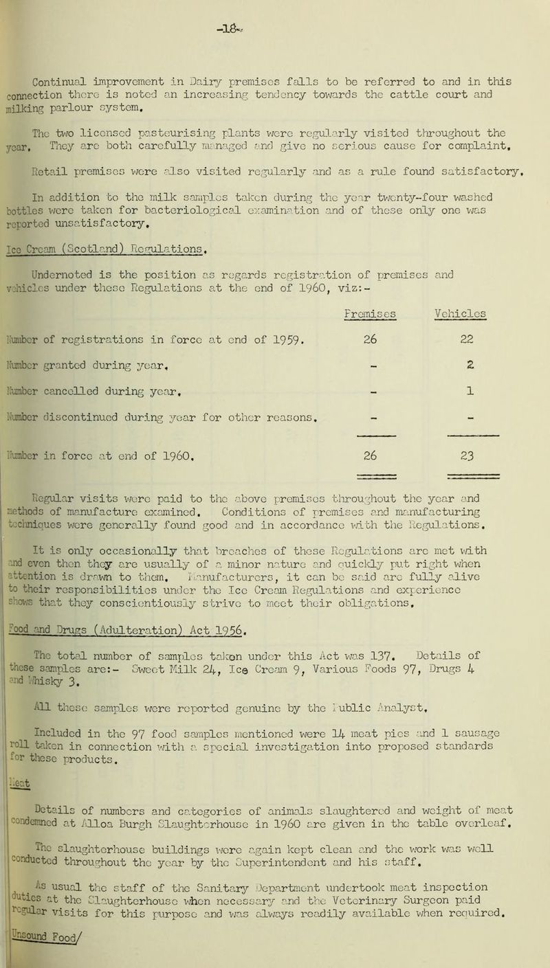 -18- Continual improvement in Dairy premises falls to be referred to and in this connection there is noted an increasing tendency towards the cattle court and milking parlour system. The two licensed pasteurising plants were regularly visited throughout the year. They are both carefully managed and give no serious cause for complaint. Retail premises were also visited regularly and as a rule found satisfactory. In addition to the milk samples taken during the year twenty-four washed bottles were taken for bacteriological examination and of these only one was reprted unsatisfactory. Ico Cream (Scotland) Regulations. Undernoted is the position as regards registration of premises and vehicles under these Regulations at the end of I960, viz:- Promises Vehicles '.timber of registrations in force at end of 1959. 26 22 Number granted during year, - 2 Number cancelled during year, - 1 Number discontinued during year for other reasons. - .’umber in force at end of I960, 26 23 Regular visits were paid to the above premises throughout the year and methods of manufacture examined. Conditions of premises and manufacturing techniques were generally found good and in accordance with the Regulations. It is only occasionally that breaches of these Regulations arc met with '.nd even then they are usually of a. minor nature and ouickly put right when attention is drawn to them, Ilnnufacturers, it can be said arc fully alive to their responsibilities under the Ice Cream Regulations and experience s'.ovis that they conscientiously strive to meet their obligations. pood and Drugs (Adulteration) Act 1956. The total, number of samples taken under this Act was 137. Details of these samples are:- Sweet Milk 24, Icq Cream 9, Various Foods 97, Drugs 4 and ' Risky 3. All these samples were reported genuine by the lublic Analyst, Included in the 97 food samples mentioned were 14 meat pics and 1 sausage r°U taken in connection with a special investigation into proposed standards -or these products. -pet Details of numbers and categories of animals slaughtered and weight of meat -mdemned at Alloa Burgh Slaughterhouse in I960 are given in the table overleaf. The slaughterhouse buildings were again kept clean and the work was well I conducted throughout the year by the Superintendent and his staff. I As usual the staff of the Sanitary Department undertook meat inspection ; la“ics &t the Slaughterhouse when necessary and the Veterinary Surgeon paid |Regular visits for this purpose and was always readily available when required.