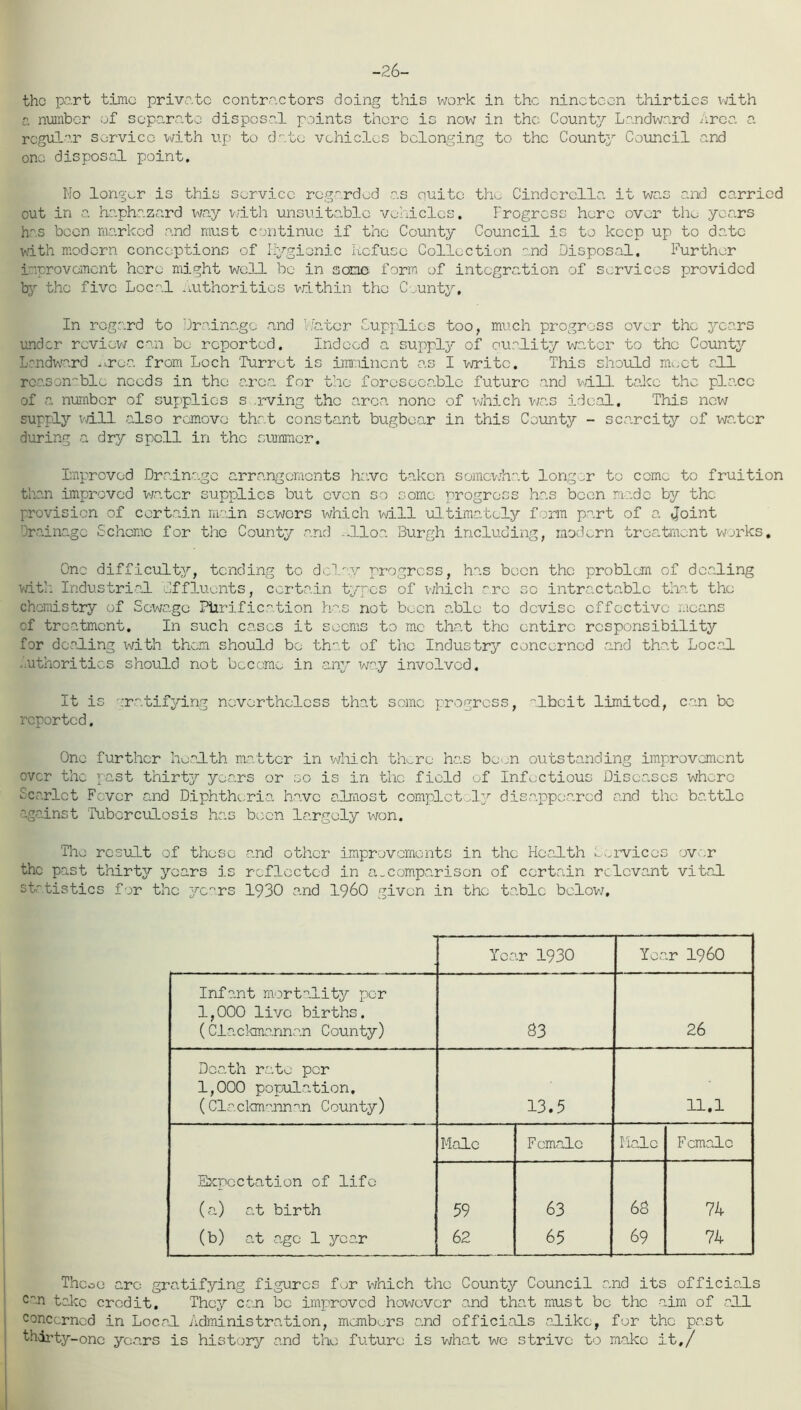 -26- thc part time private contractors doing this work in the nineteen thirties with c number of separate disposal points there is now in the County Landward Area a regular service with up to date vehicles belonging to the County Council and one disposal point. No longer is this service regarded as quite the Cinderella it was and carried out in a haphazard way with unsuitable vehicles. Progress here over the years has been marked and must continue if the County Council is to keep up to date with modern conceptions of Hygienic Refuse Collection and Disposal. Further improvement here might well be in some form of integration of services provided by the five Local Authorities within the County, In regard to Drainage and V/atcr Supplies too, much progress over the years under review can be reported. Indeed a supply of quality water to the County Landward nrca from Loch Turret is imminent as I write. This should meet all reasonable needs in the area for the foreseeable future and will take the place of a number of supplies s .rving the area none of which was ideal. This new supply will also remove that constant bugbear in this County - scarcity of water during a dry spell in the summer. Improved Drainage arrangements have taken somewhat longer to come to fruition than improved water supplies but even so some progress has been made by the provision of certain main sewers which mil ultimately form part of a Joint Drainage Scheme for the County and -ALloa Burgh including, modern treatment works. One difficulty, tending to delay progress, has been the problem of dealing with Industrial effluents, certain types of which are so intractable that the chemistry of Sewage Purification has not been able to devise effective means of treatment. In such cases it seems to me that the entire responsibility for dealing with them should be that of the Industry concerned and that Local authorities should not become in any way involved. It is gratifying nevertheless that some progress, ALbeit limited, can be reported. One further health matter in which tl.ro has been outstanding improvement over the past thirty years or so is in the field of Infectious Diseases where Scarlet Fever and Diphtheria have almost completely disappeared and the battle against 'Tuberculosis has been largely won. The result of these and other improvements in the Health Services over the past thirty years is reflected in a.comparison of certain relevant vital statistics for the years 1930 and i960 given in the table below. y Year 1930 r i960 Infant mortality per 1,000 live births. (Clackmannan County) Death rate per 1,000 population, (Clackmannan County) Expectation of life (a) at birth (b) at age 1 year Male 83 13.5 Female 26 11,1 Male Female 59 62 63 65 68 69 74 74 Thcoe arc gratifying figures for which the County Council and its officials cen take credit. They can be improved however and that must be the aim of all concerned in Local Administration, members and officials alike, for the past thirty-one years is history and the future is what we strive to make it,/