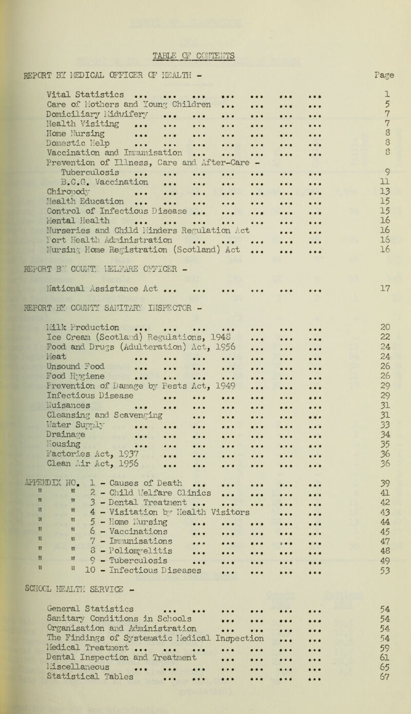 TABLE CF CONTENTS 0 0 0 ♦ • • report by medical officer cf health - Vital Statistics Care of Mothers and Young Children Domiciliary'- Midwifery Health Visiting Home Nursing Domestic Help Vaccination and Immunisation Prevention of Illness, Care and After-Care Tuberculosis ... B.C.G, Vaccination Chiropody . Health Education Control of Infectious Disease Mental Health Nurseries and Child Hinders Regulation Act I ort Health Administration , Nursing Home Registration (Scotland) Act • 0 • % ♦ • • • • • • • • • 0 a REPORT B’ COUNT! IELFARE OFFICER - National Assistance Act REPORT BY COUNTY SANITARY INSPECTOR - Milk Production . Ice Cream (Scotland) Regulations, 1948 Food and Drugs (Adulteration) Act, 1956 Meat Unsound Food Food Hygiene Prevention of Damage by Pests Act, 1949 Infectious Disease Nuisances ..• Cleansing and Scavenging Hater Supply Drainage • • • 000 0 0 0 0 0 0 0 0 0 0 0 0 Factories Act, 1937 Clean Air Act, 1956 000 • 0 # 0 0 0 0 0 0 0 0 0 0 0 0 0 0 0 0 0 0 0 0 0 0 0 0 0 0 0 0 0 0 APPENDIX HO. 1 - Causes of Death ... 2 - Child Uelfare Clinics 3 - Dental Treatment ... 4 - Visitation by Health Visitors 5 - Home Nursing 6 - Vaccinations 7 - Immunisations 8 - Poliomyelitis 9 - Tuberculosis 10 - Infectious Diseases 0 0 0 0 0 0 0 0 0 0 0 0 • 0 • 0 0 0 0 0 0 0 0 0 SCHOOL HEALTH SERVICE - 0 0 0 0 # 0 • 0 0 0 40 • # 0 0 0 0 General Statistics ... • Sanitary Conditions in Schools Organisation and Administration The Findings of Systematic Medical Inspection Medical Treatment ... ... . Dental Inspection and Treatment Miscellaneous ... Statistical Tables • 0 0 0 0 0 0 0 0 0 0 0 0 0 • 0 0 0 0 0 • 0 0 0 0 0 0 0 0 0 • 00 000 Page 1 5 7 7 8 8 9 11 13 15 15 16 16 16 16 17 20 22 24 24 26 26 29 29 31 31 33 34 35 36 36 39 41 42 43 44 45 47 48 49 53 54 54 54 54 59 61 65 67