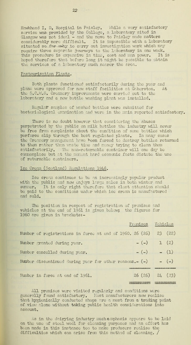 22 Hawkhcad I. D. Hospital in Paisley. While a very satisfactory service was- provided by the College, a laboratory sited in Glasgow was not ideal - and the move to Paisley made matters considerably more difficult. It is impossible with a laboratory situated so., far—away .to carry out investigation work which may require three separate .journeys to the laboratory in one week. This procedure is expensive in time, cost and man power. It is hoped therefore that before long it might bo possible to obtain the services of a laboratory much nearer the area. Pasteurisation Plants. Both plants functioned satisfactorily during the year and plans were approved for nexv staff facilities at Gaborston. At the S.C.W.S, Creamery improvements were carried out to the laboratory and a new bottle washing plant was installed. Regular samples of washed bottles wore submitted for bacteriological examination and were in the main reported satisfactory. There is no doubt however that considering the abuses perpetrated by the public on milk bottles the industry will never be free from complaints about the condition of some bottles which perforce slip through the best regulated plants. In many cases the Creamery management have been forced to destroy bottles returned to them rather than vjaste tine and money trying to clean them satisfactorily. The non-returnable container will one day be commonplace but at the moment hard economic facts dictate the use of returnable containers, Icc Cream (Scotland) Regulations 1945. Ice cream continues to be an increasingly popular product with the public and now enjoys large sales in both winter and summer. It is only right therefore that dost attention should be paid to the conditions under which ice cream is manufactured and sold. The position in respect of registration of promises end vehicles at the end of 1961 is given below; the figures for i960 arc given in brackets Promises Vehicles Number of registrations in force at end of i960. 26 (26) 23 (22) Number granted during year. - (-) 1 (2) Number cancelled during year. - (-) - (1) Number discontinued during year for other reasons.- (-) - (-) Number in force at end of 1961. 26 (26) 24 (23) All promises wore visited regularly and conditions were generally found satisfactory. Most manufacturers now realise that hygicnically conducted shops arc a must from a trading point of view alone without taking public health considerations into account. As in the dairying industry much emphasis appears to be laid on the use of stool wool for cleaning purposes and an effort has been ma.de in this instance too to make producers realise the difficulties which can arise from this method of cleaning. /