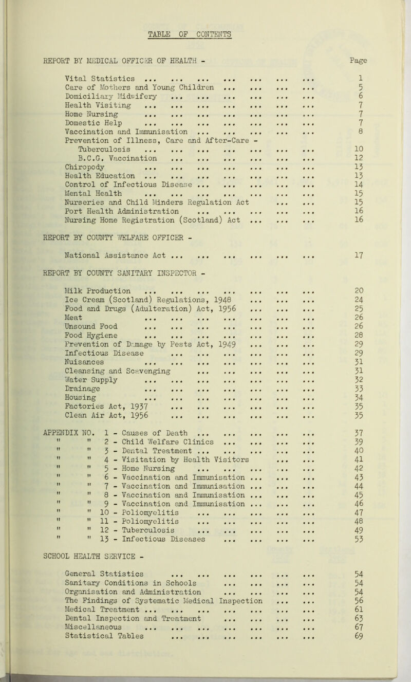 TABLE OP CONTENTS REPORT BY MEDICAL OFFICER OP HEALTH - Vital Statistics Care of Mothers and Young Children Domiciliary Midwifery Health Visiting Home Nursing Domestic Help Vaccination and Immunisation Prevention of Illness, Care and After-Care Tuberculosis B.C.G, Vaccination ... Chiropody Health Education ... ... Control of Infectious Disease Mental Health Nurseries and Child Minders Regulation Act Port Health Administration Nursing Home Registration (Scotland) Act REPORT BY COUNTY WELFARE OFFICER - National Assistance Act ... REPORT BY COUNTY SANITARY INSPECTOR - 9 9 9 9 9 9 9 9 9 Milk Production Ice Cream (Scotland) Regulations, 1948 Food and Drugs (Adulteration) Act, 1956 Meat Unsound Food Food Hygiene Prevention of Damage by Pests Act, 1949 Infectious Disease Nuisances Cleansing and Scavenging Water Supply Drainage Housing Factories Act, 1957 Clean Air Act, 1956 9 9 9 9 APPENDIX NO. it 1 - Causes of Death ... 2 - Child Welfare Clinics 5 - Dental Treatment ... 4 - Visitation by Health Visitors 5 - Home Nursing 6 - Vaccination and Immunisation 7 - Vaccination and Immunisation 8 - Vaccination and Immunisation 9 - Vaccination and Immunisation 10 - Poliomyelitis 11 - Poliomyelitis 12 - Tuberculosis 13 - Infectious Diseases ... SCHOOL HEALTH SERVICE - General Statistics Sanitary Conditions in Schools Organisation and Administration The Findings of Systematic Medical Inspection Medical Treatment Dental Inspection and Treatment Miscellaneous Statistical Tables Page 1 5 6 7 7 7 8 10 12 15 15 14 15 15 16 16 17 20 24 25 26 26 28 29 29 51 51 52 55 54 55 55 57 59 40 41 42 45 44 45 46 47 48 49 55 54 54 54 56 61 65 67 69