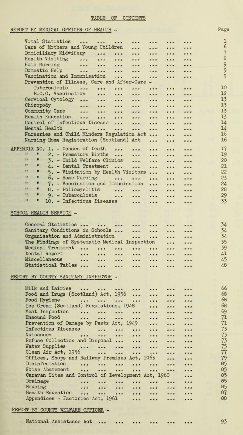 TABLE OF CONTENTS REPORT BY MEDICAL OFFICER OF HEALTH - Vital Statistics ... Care of Mothers and Young Children Domiciliary Midwifery ... Health Visiting ... ... Home Nursing ... ... Domestic Help Vaccination and Immunisation Prevention of Illness, Care and After-Care - Tuberculosis ... B.C.G. Vaccination Cervical Cytology ... Chiropody ... Community Care ... Health Education ... . Control of Infectious Disease Mental Health Nurseries and Child Minders Regulation Aet Nursing Home Registration (Scotland) Act APPENDIX NO. 1. - Causes of Death   2. - Premature Births   - Child Welfare Clinics ...   4- - Dental Treatment  11 5* - Visitation by Health Visitors   6. - Home Nursing   7. - Vaccination and Immunisation   8. - Poliomyelitis   9. - Tuberculosis M  10. - Infectious Diseases ... SCHOOL HEALTH SERVICE - 000 • 00 General Statistics Sanitary Conditions in Schools ... Organisation and Administration The Findings of Systematic Medical Inspection Medical Treatment ... ... ... Dental Report Miscellaneous ... Statistical Tables 0 0 o 000 REPORT BY COUNTY SANITARY INSPECTOR - 000 • 00 Milk and Dairies ... ... Food and Drugs (Scotland) Act, 1956 Food Hygiene ... Ice Cream (Scotland) Regulations, 1948 Meat Inspection Unsound Food Prevention of Damage by Pest3 Act, 1949 Infectious Diseases Nuisances Refuse Collection and Disposal .. Water Supplies Clean Air Act, 1956 ... Offices, Shops and Railway Premises Act, 1963 Disinfestation Noise Abatement Caravan Sites and Control of Development Act Drainage Housing Health Education Appendices - Factories Act, 1961 000 0 0 0 0 0 9 0 0 9 0O0 • 00 • 00 I960 REPORT BY COUNTY WELFARE OFFICER - Page 1 6 7 8 9 9 9 10 12 13 13 13 13 14 14 16 16 17 19 20 21 22 23 24 28 29 33 34 34 34 35 39 41 45 48 66 68 68 68 69 71 71 73 73 73 75 77 79 85 85 85 85 85 87 88 National Assistance Act • • • • • • • • • 95
