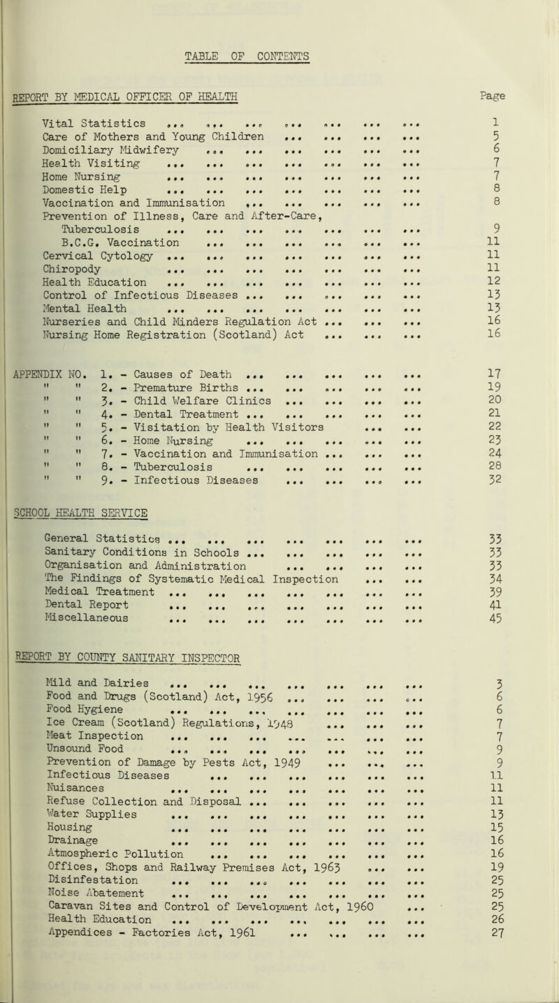 TABLE OF CONTENTS REPORT BY MEDICAL OFFICER OF HEALTH Page Vital statistics . •. ., • •* . © •. Care of Mothers and Young Children .•. Domiciliary Midwifery . ... Health Visiting Home Nursing Domestic Help ... Vaccination and Immunisation ,.. ... Prevention of Illness, Care and After-Care, Tuberculosis ... ... ... ... B*C•G. Vaccination ... ... ... Cervical Cytology Chiropody ... Health Education ... ... ... ... Control of Infectious Diseases ... ... Mental Health Nurseries and Child Minders Regulation Act Nursing Home Registration (Scotland) Act * t • • • • 000 • 4 < 0 0 0 0 0 0 0 0 0 0 0 0 0 0 0 0 0 0 0 0 0 0 0 0 0 0 0 0 0 0 0 0 0 0 0 0 0 0 0 0 0 0 0 0 0 0 0 0 0 0 0 0 0 0 0 0 0 0 0 0 0 0 0 0 0 0 0 0 0 0 0 0 0 0 0 0 0 0 0 0 0 0 0 0 0 0 0 0 0 0 0 0 0 0 0 0 0 0 0 0 0 0 0 0 0 0 0 0 0 0 0 0 0 0 0 0 0 0 0 0 0 0 0 0 0 0 0 0 0 1 5 6 7 7 8 8 9 11 11 11 12 13 13 16 16 APPENDIX NO. 1. Causes of Death ... ... ... 2. - Premature Births 3. - Child Welfare Clinics 4. - Dental Treatment ... ... ..* 5. - Visitation by Health Visitors 6. - Home Nursing 7. - Vaccination and Immunisation ... 8. - Tuberculosis ... ... ... 9. - Infectious Diseases ... ... SCHOOL HEALTH SERVICE General Statistics ... Sanitary Conditions in Schools ... Organisation and Administration The Findings of Systematic Medical Medical Treatment ... Dental Report Miscellaneous • » « • • • • • • 0 0 0 0 0 0 0 0 0 Inspection 0 0 0 0 0 0 0 0 0 0 0 0 0 0 0 0 0 0 0 0 0 0 0 0 0 0 0 0 0 0 0 0 0 0 0 0 0 0 0 0 0 0 0 0 0 0 0 0 0 0 0 0 0 0 0 0 0 0 0 0 0 0 0 17 19 20 21 22 23 24 28 32 33 33 33 34 39 41 45 REPORT BY COUNTY SANITARY INSPECTOR Mild and Dairies ... ... ♦ • • 0 0 0 0 0 0 000 0 0 0 3 Food and Drugs (Scotland) Act, 1956 000 000 000 O00 6 Food Hygiene 0 0 0 0 0 0 0 0 0 000 0 0 0 6 Ice Cream (Scotland) Regulations, 1948 ... 000 0 0 0 7 Meat Inspection 0 0 0 • • • • » 4 000 0 0 0 7 Unsound Food ... ... 0 0 0 0 0 0 0 0 0 0 0 0 0 0 0 9 Prevention of Damage by Pests i let, 1949 ••0 ■0 0 0 9 Infectious Diseases ... « • • • • • 0 0 0 0 0 0 • 00 ll Nuisances 0 0 0 0 0 0 0 0 0 0 0 0 • 00 11 Refuse Collection and Disposal 0 0 0 0 0 0 0 0 0 0 0 0 0 0 0 11 Water Supplies 0 0 0 0 0 0 0 0 0 0 0 0 0 0 0 13 Housing 0 0 0 0 0 0 0 0 0 0 0 0 • 00 15 Drainage 0 0 0 0 0 0 0 0 0 0 0 0 0 0 0 16 Atmospheric Pollution ... 0 0 0 0 0 0 0 0 0 0 0 0 0 0 0 16 Offices, Shops and Railway Premises Act, 1963 0 0 0 0 0 0 19 Disinfestation 0 0O 000 000 0 0 0 0 0 • 25 Noise Abatement ... ... 0 0 0 000 000 0 0 0 0 0 0 25 Caravan Sites and Control of Development Act, I960 0 0 0 25 Health Education 0 0 0 00% 000 0 0 0 0 0 0 26 Appendices - Factories Act, 1961 000 % 0 0 0 0 0 0 0 0 27