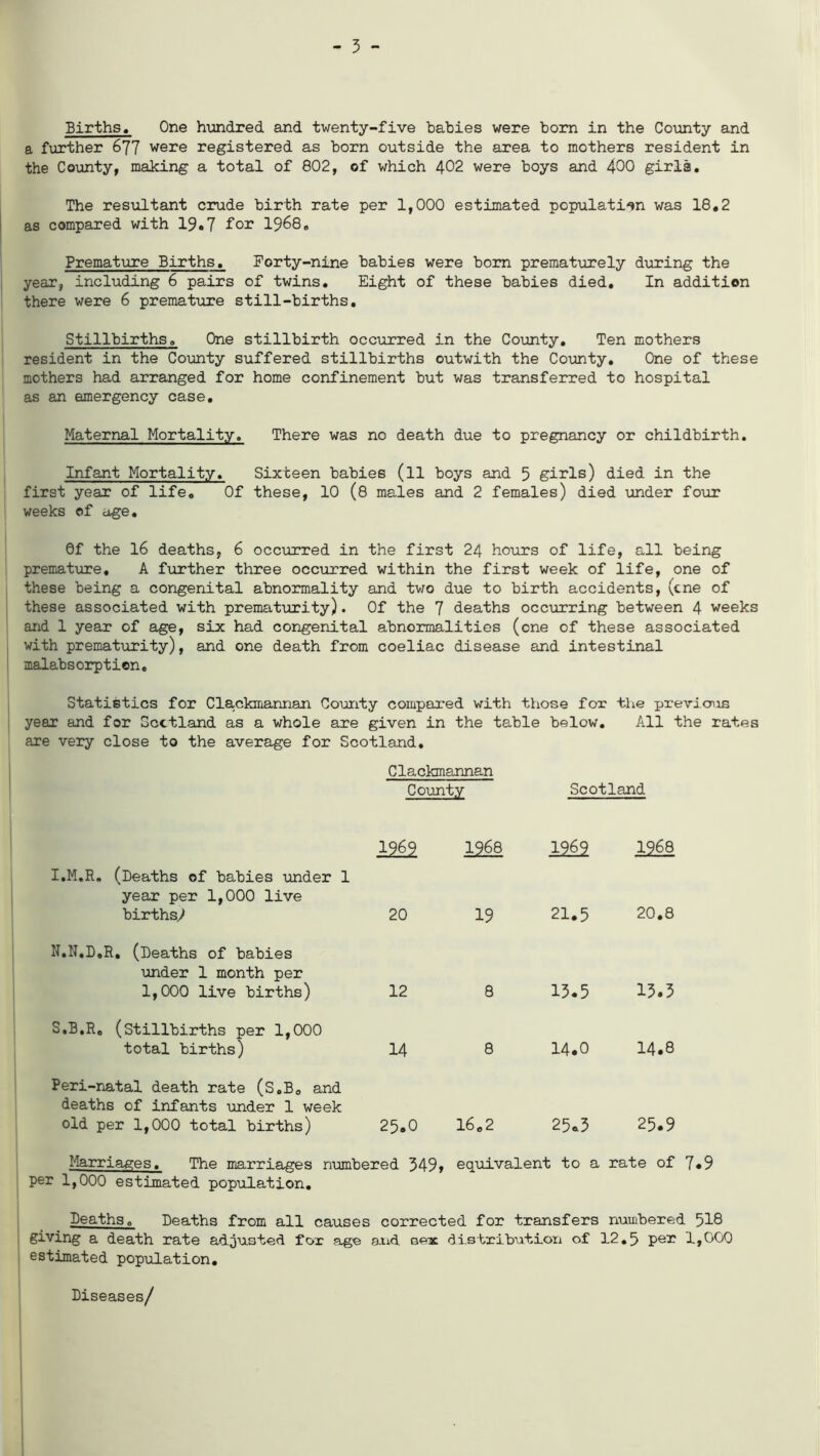 - 3 - Births, One hundred and twenty-five babies were born in the County and a further 677 were registered as born outside the area to mothers resident in the County, making a total of 802, of which 402 were boys and 400 girls. The resultant crude birth rate per 1,000 estimated population was 18,2 as compared with 19.7 for 1968, Premature Births. Forty-nine babies were bom prematurely during the year, including 6 pairs of twins. Eight of these babies died. In addition there were 6 premature still-births. Stillbirths. One stillbirth occurred in the County. Ten mothers resident in the County suffered stillbirths outwith the County. One of these mothers had arranged for home confinement but was transferred to hospital as an emergency case. Maternal Mortality. There was no death due to pregnancy or childbirth. Infant Mortality. Sixteen babies (ll boys and 5 girls) died in the first year of life. Of these, 10 (8 males and 2 females) died under four weeks of age. 0f the 16 deaths, 6 occurred in the first 24 hours of life, all being premature, A further three occurred within the first week of life, one of these being a congenital abnormality and two due to birth accidents, (cne of these associated with prematurity). Of the 7 deaths occurring between 4 weeks and 1 year of age, six had congenital abnormalities (one of these associated with prematurity), and one death from coeliac disease and intestinal malabsorption. Statistics for Clackmannan County compared with those for the previous year and for Scotland as a whole are given in the table below. All the rates are very close to the average for Scotland. Clackmannan County Scotland 12i2 1968 1969 1968 I.M.R. (Deaths of babies under 1 year per 1,000 live births^ 20 19 21.5 20.8 N.N.D.R, (Deaths of babies under 1 month per 1,000 live births) 12 8 13.5 13.3 S.B.R. (Stillbirths per 1,000 total births) 14 8 14.0 14.8 Peri-natal death rate (S.B0 and deaths of infants under 1 week old per 1,000 total births) 25.0 16„2 25.3 25.9 Marriages. The marriages numbered 349> equivalent to a rate of 7*9 per 1,000 estimated population. Deaths. Deaths from all causes corrected for transfers numbered 518 giving a death rate adjusted fox age and oeac distribution of 12.5 par 1,000 estimated population. Diseases/