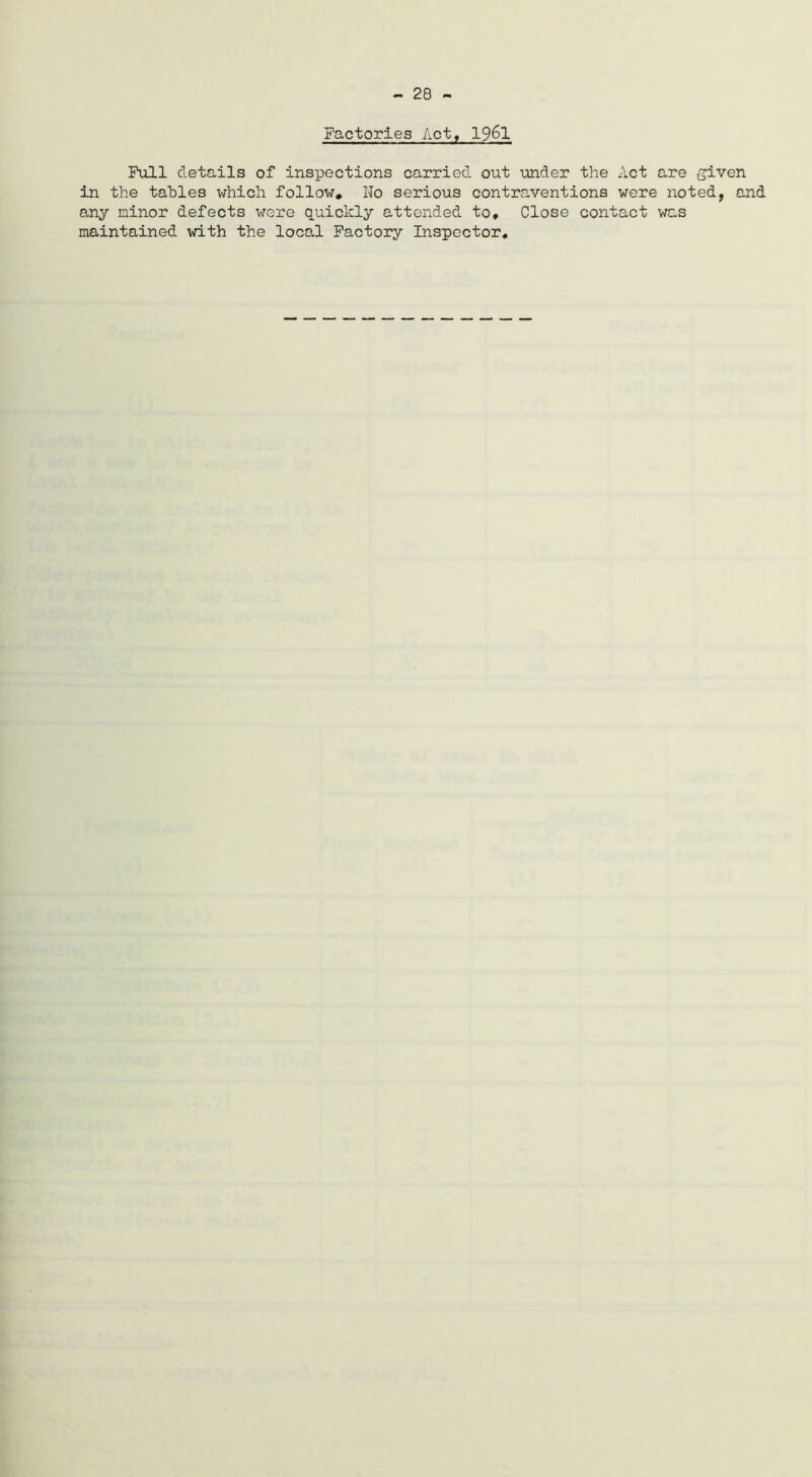 - 28 - Factories Act, 1961 Full details of inspections carried out under the x\ct are given in the tables which follow. No serious contraventions were noted, and any minor defects were quickly attended to. Close contact was maintained with the local Factory Inspector.