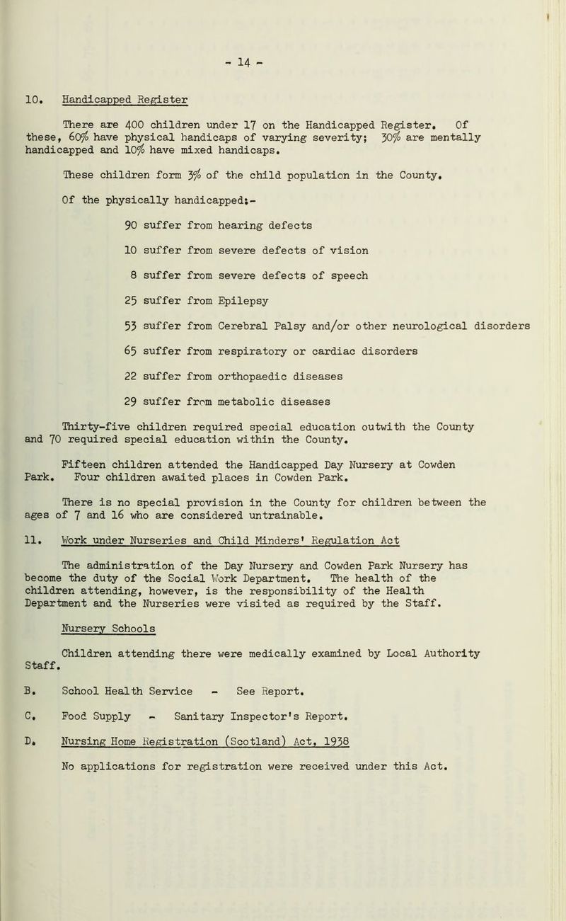 I - 14 - 10. Handicapped Register There are 400 children under 17 on the Handicapped Register. Of these, 60$ have physical handicaps of varying severity; 30$ are mentally handicapped and 10$ have mixed handicaps. These children form 3$ of the child population in the County. Of the physically handicapped;- 90 suffer from hearing defects 10 suffer from severe defects of vision 8 suffer from severe defects of speech 25 suffer from Epilepsy 53 suffer from Cerebral Palsy and/or other neurological disorders 65 suffer from respiratory or cardiac disorders 22 suffer from orthopaedic diseases 29 suffer from metabolic diseases Thirty-five children required special education outwith the County and 70 required special education within the County. Fifteen children attended the Handicapped Day Nursery at Cowden Park. Four children awaited places in Cowden Park. There is no special provision in the County for children between the ages of 7 and 16 who are considered untrainable. 11. V/ork under Nurseries and Child Minders* Regulation Act The administration of the Day Nursery and Cowden Park Nursery has become the duty of the Social Work Department. The health of the children attending, however, is the responsibility of the Health Department and the Nurseries were visited as required by the Staff. Nursery Schools Children attending there were medically examined by Local Authority Staff. B, School Health Service - See Report. C, Food Supply - Sanitary Inspector’s Report. D» Nursing Home Registration (Scotland) Act. 1958 No applications for registration were received under this Act