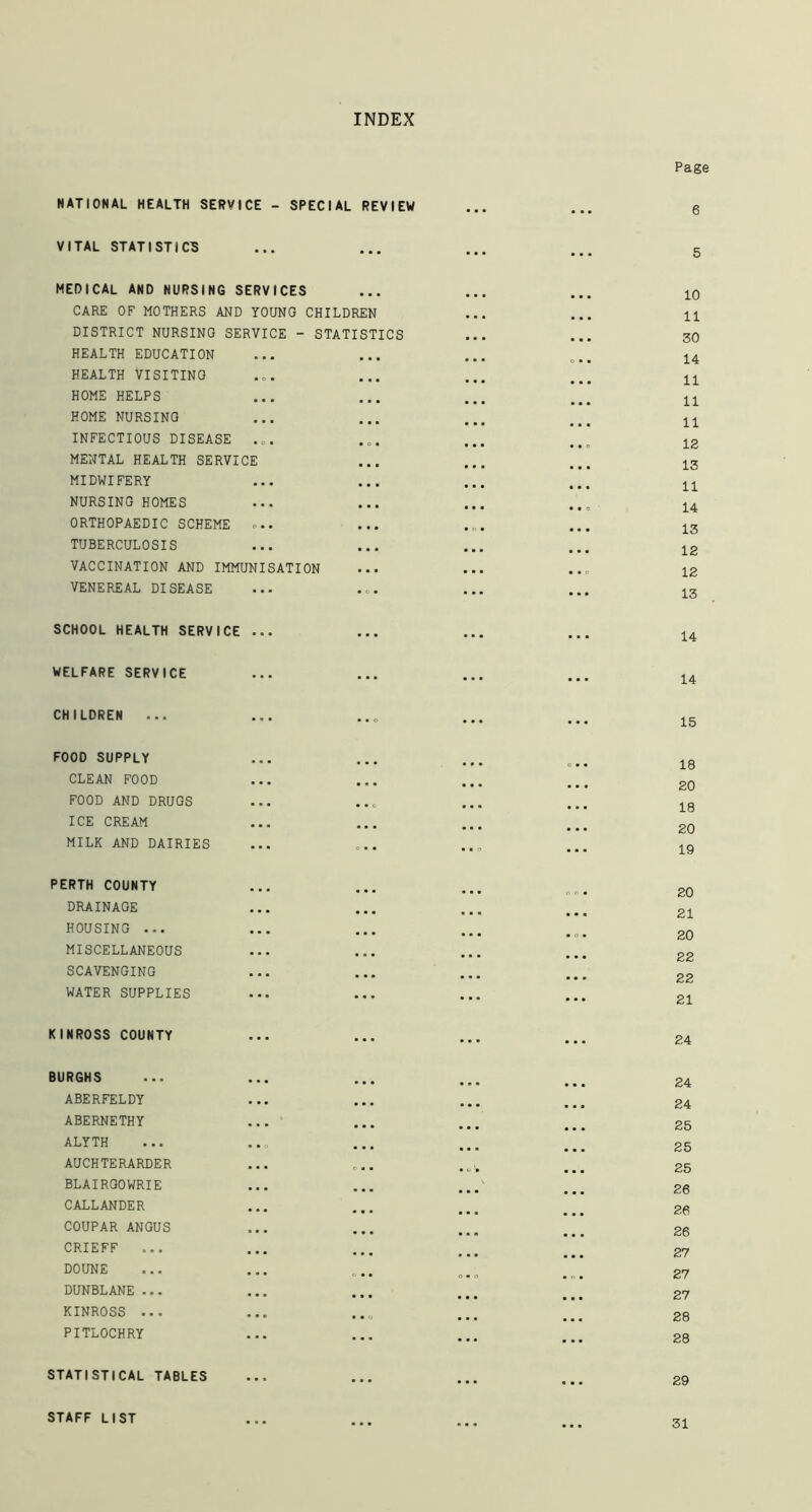 INDEX NATIONAL HEALTH SERVICE - SPECIAL REVIEW VITAL STATISTICS MEDICAL AND NURSING SERVICES CARE OF MOTHERS AND YOUNG CHILDREN DISTRICT NURSING SERVICE - STATISTICS HEALTH EDUCATION HEALTH VISITING HOME HELPS HOME NURSING INFECTIOUS DISEASE . 0. MENTAL HEALTH SERVICE MIDWIFERY NURSING HOMES ORTHOPAEDIC SCHEME ... TUBERCULOSIS VACCINATION AND IMMUNISATION VENEREAL DISEASE SCHOOL HEALTH SERVICE ... WELFARE SERVICE CHILDREN ... FOOD SUPPLY CLEAN FOOD FOOD AND DRUGS ICE CREAM MILK AND DAIRIES PERTH COUNTY DRAINAGE HOUSING ... MISCELLANEOUS SCAVENGING WATER SUPPLIES KINROSS COUNTY BURGHS ABERFELDY ABERNETHY ALYTH AUCHTERARDER BLAIRGOWRIE CALLANDER COUPAR ANGUS CRIEFF DOUNE DUNBLANE ... KINROSS ... PITLOCHRY STATISTICAL TABLES STAFF LIST Page 6 5 10 11 30 14 11 11 11 18 13 11 14 13 12 12 13 14 14 15 18 20 18 20 19 20 21 20 22 22 21 24 24 24 25 25 25 26 26 26 27 27 27 28 28 29 31