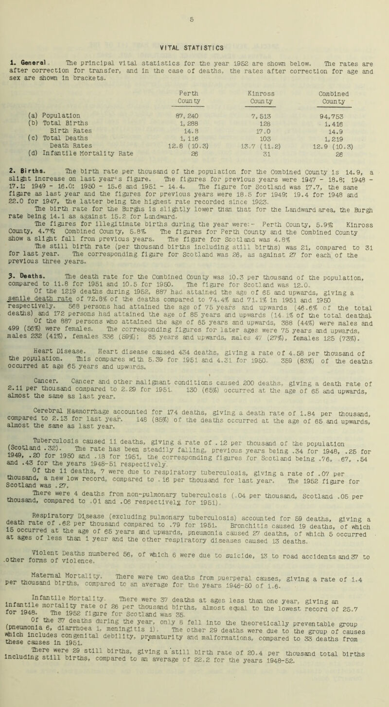 VITAL STATISTICS 1. General* The principal vital statistics for the year 1952 are shown below. The rates are after correction for transfer, and in the case of deaths, the rates after correction for age and sex are shown in brackets. (a) Population (b) Total Births Birth Rates (c) Total Deaths Death Rates (d) Infantile Mortality Rate Perth County 87, 240 1, 288 14.8 1, 116 12-8 (10-3) 26 Kinross County 7, 513 128 17.0 103 13.7 (11.2) 31 Combined County 94,753 1,416 14.9 1,219 12.9 (10.3) 26 2. Births. The birth rate per thousand of the population for the Combined County is 14.9, a sllgit Increase on last year's figure. The figures for previous years were 1947 - 18.8; 1948 - 17.1; 1949 - 16.0; 1950 - 15.6 and 1951 - 14 4. The figure for Scotland was 17.7, the same figare as last year and the figures for previous years were 18 5 for 1949; 19.4 for 1948 and 22.0 for 1947, the latter being the highest rate recorded since 1923 The birth rate for the Burghs Is slightly lower than that for the Landward area, the Burgh rate being 14.1 as against 15.2 for Landward- The figures for Illegitimate births during the year were:- Perth County, 5.9% Kinross County, 4.7% Combined County, 5-8% The figures for Perth County and the Combined County show a sligit fall from previous years. The figure for Scotland was 4.8% The still birth rate (per thousand births Including still births) was 21, compared to 31 for last year. The corresponding figure for Scotland was 26, as against 27 for each of the previous three years. 3. Deaths. The death rate for the Combined County was 10.3 per thousand of the population, compared to 11.8 for 1951 and 10.5 for 1950. The figure for Scotland was 12.0, Of the 1219 deaths during 1952, 887 had attained the age of 65 and upwards, giving a senile death rate of 72.8% of the deaths compared to 74.4% and 71.1% In 1951 and 1950 respectively. 568 persons had attained the age of 75 years and upwards (46-6% of the total deaths) and 172 persons had attained the age of 85 years and upwards (14 1% of the total deaths). Of the 887 persons who attained the age of 65 years aid upwards, 388 (44%) were males and 499 (56%) were females. The corresponding figures for later ages were 75 years and upwards, males 232 (41%), females 336 ( 59%); 85 years and upwards, males 47 (27%), females 125 (73%). Heart Disease. Heart disease caused 434 deaths, giving a rate of 4.58 per thousand of the population. This compares with 5.39 for 1951 and 4..31 for 1950 359 ( 83%) of the deaths occurred at age 65 years and upwards. Cancer. Cancer and other malignant conditions caused 200 deaths, giving a death rate of 2.11 per thousand compared to 2 29 for 1951 130 (65%) occurred at the age of 65 and upwards, almost the same as last year. Cerebral Haemorrhage accounted for 174 deaths, giving a death rate of 1.84 per thousand, compared to 2.13 for last year. 148 (35%) of the deaths occurred at the age of 65 and upwards, almost the same as last year. . Tuberculosis caused 11 deaths, giving a rate of . 12 per thousand of the population ^ *32/- 1116 rate has been steadily falling, previous years being .34 for 1948, .25 for 1949, .20 for 1950 and .18 for 1951, the corresponding figures for Scotland being .76, 67. .54 and .43 for the years 1948-51 respectively Of the 11 deaths, 7 were due to respiratory tuberculosis, giving a rate of .07 per thousand, a new low record, compared to .16 per thousand for last yean. The 1952 figure for Scotland was .27, piere were 4 deaths from non-pulmonary tuberculosis (04 per thousand, Scotland .05 per thousand, compared to ,01 and .06 respectively for 1951) Respiratory Disease (excluding pulmonary tuberculosis) accounted for 59 deaths, giving a death rate of .62 per thousand compared to .79 for 1951. Bronchitis caused 19 deaths, of which lb occurred at the age of 65 years and upwards, pneumonia caused 27 deaths, of which 5 occurred ages of less than 1 year and the other respiratory diseases caused 13 deaths. nry.a J101611!; ^aths numbered 56, of which 6 were due to suicide, 13 to road accidents and 37 to .other forms of violence. Mate5na^ Mortality. There were two deaths from puerperal causes, giving a rate of 1.4 per thousand births, compared to an average for the years 1946-50 of 1.6- . . Infantile Mortality There were 37 deaths at ages less than one year, giving an m°LCallty rate of 26 per thousand births, almost equal to the lowest record of 25,7 for 1948. The 1952 figure for Scotland was 35 T, deathS dUrins ae year' only 8 fel1 lnt0 the theoretically preventable group a’ dlarrhoaa meningitis 1). The other 29 deaths were due to the group of causes which includes congenital debility, prematurity and malformations, compared to 33 deaths from tnese causes In 1951. lnrinriinI^e«rnnerh,2?v,Stli: blrtlls’ Siving a still birth rate of 20,4 per thousand total births including still births, compared to an average of 22,2 for the years 1948-52.