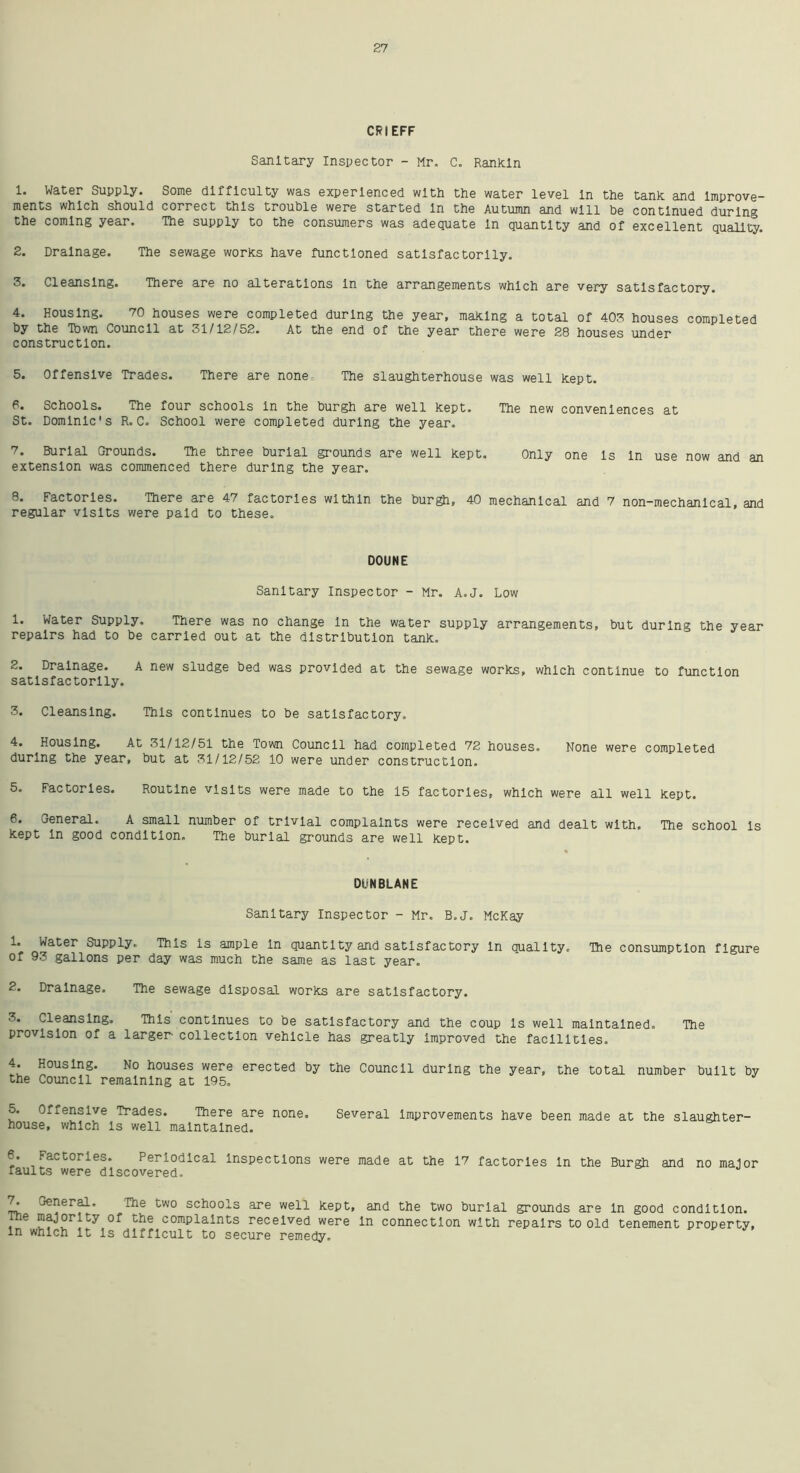CRIEFF Sanitary Inspector - Mr. C. Rankin 1. Water Supply. Some difficulty was experienced with the water level In the tank and Improve- ments which should correct this trouble were started In the Autumn and will be continued during the coming year. The supply to the consumers was adequate In quantity and of excellent quality. 2. Drainage. The sewage works have functioned satisfactorily. 3. Cleansing. There are no alterations In the arrangements which are very satisfactory. 4. Housing. 70 houses were completed during the year, making a total of 403 houses completed by the Tbwn Council at 31/12/52. At the end of the year there were 28 houses under construction. 5. Offensive Trades. There are none The slaughterhouse was well kept. P. Schools. The four schools In the burgh are well kept. The new conveniences at St. Dominic's R. C. School were completed during the year. 7. Burial Grounds. The three burial grounds are well kept. Only one Is In use now and an extension was commenced there during the year. 8. Factories. There are 47 factories within the burgh, 40 mechanical and 7 non-mechanical, and regular visits were paid to these. DOUNE Sanitary Inspector - Mr. A.J. Low 1. Water Supply. There was no change In the water supply arrangements, but during the year repairs had to be carried out at the distribution tank. 2. Drainage. A new sludge bed was provided at the sewage works, which continue to function satisfactorily. 3. Cleansing. This continues to be satisfactory. 4. Housing. At 31/12/51 the Town Council had completed 72 houses. None were completed during the year, but at 31/12/52 10 were under construction. 5. Factories. Routine visits were made to the 15 factories, which were all well kept. 6. General. A small number of trivial complaints were received and dealt with. The school Is kept In good condition. The burial grounds are well kept. DUNBLANE Sanitary Inspector - Mr. B.J. McKay 1. Water Supply, This Is ample in quantity and satisfactory In quality. The consumption figure of 93 gallons per day was much the same as last year. 2. Drainage. The sewage disposal works are satisfactory. 3. Cleansing. This continues to be satisfactory and the coup Is well maintained. The provision of a larger- collection vehicle has greatly Improved the facilities. 4. Housing. No houses were erected by the Council during the year, the total number built by the Council remaining at 195. 5. Offensive Trades. There are none. Several Improvements have been made at the slaughter- house, which is well maintained. 6. Factories. Periodical Inspections were made at the 17 factories In the Burgh and no major faults were discovered. 7. jeneral. The two schools are well kept, and the two burial grounds are In good condition, ihe majority of the complaints received were In connection with repairs to old tenement property, in which It is difficult to secure remedy.