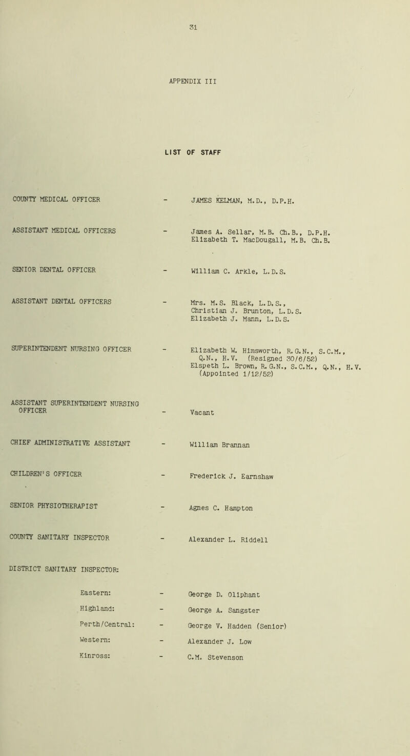 APPENDIX III LIST OF STAFF COUNTY MEDICAL OFFICER - JAMES KELMAN, M.D., D.P.H. ASSISTANT MEDICAL OFFICERS - James A. Sellar, M. B. Ch. B., D.P.H. Elizabeth T. MacDougall, M.B. Ch. B. SENIOR DENTAL OFFICER - William C. Arkle, L. D. S. ASSISTANT DENTAL OFFICERS SUPERINTENDENT NURSING OFFICER ASSISTANT SUPERINTENDENT NURSING OFFICER CHIEF ADMINISTRATIVE ASSISTANT CHILDREN'S OFFICER SENIOR PHYSIOTHERAPIST COUNTY SANITARY INSPECTOR DISTRICT SANITARY INSPECTOR: Eastern: Highland: Perth/Central: Western: Kinross: Mrs. M. S. Black, L. D. S., Christian J. Brunton, L.D.S. Elizabeth J. Mann, L.D.S. Elizabeth W. Hlmsworth, R.G.N., S.C.M., Q.N., H.V. (Resigned 30/6/52) Elspeth L. Brown, R. G.N., S. C.M., Q.N., H.V. (Appointed 1/12/52) Vacant William Brannan Frederick J. Earnshaw Agnes C. Hampton Alexander L. Riddell George D. Ollphant George A. Sangster George V. Hadden (Senior) Alexander J. Low C.M. Stevenson