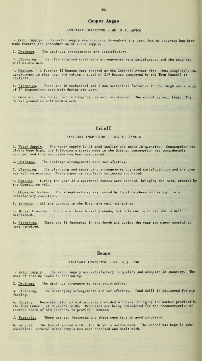 Coupar Angus SANITARY INSPECTOR - MR. R.F. ARTON 1. Water Supply. The water supply was adequate throughout the year, but no progress has been made towards the introduction of a new supply. 2. Drainage. The drainage arrangements are satisfactory. 3. Cleansing. The cleansing and scavenging arrangements were satisfactory and the coup was well maintained. 4. Housing. A further 12 houses were erected at the Campbell Street site, thus completing the development in that area and making a total of 210 houses completed by the Town Council at 3 1/12/57. J. Factories. There are 16 mechanical and 2 non-mechanical factories in the Burgh and a total of 20 inspections were made during the year. 6. General. One house, let in lodgings, is well maintained. The school is well kept. The burial ground is well maintained. Crieff SANITARY INSPECTOR - MR. C. RANKIN 1. Water Supply. The water supply is of good quality and ample in quantity. Consumption has always been high, but following a survey made in the Spring, consumption was considerably reduced, and this reduction has been maintained. 2. Drainage. The drainage arrangements were satisfactory. 3. Cleansing. The cleansing and scavenging arrangements operated satisfactorily and the coup was well maintained. Waste paper is regularly collected and baled. 4. Housing. During the year 32 2-apartment houses were erected, bringing the total erected by the Council to 463. 5. Ohensive Trades. The slaughterhouse was rented by local butchers and is kept in a satisfactory condition. 6. Schools. All the schools in the Burgh are well maintained. 7. Burial Grounds. There are three burial grounds, but only one is in use and is well main tained. 8. Factories. There are 34 factories in the Burgh and during the year two minor complaints were remedied. Doune SANITARY INSPECTOR - MR. A. J. DOW 1. Water Supply. The water supply was satisfactory in quality and adequate in quantity. The work of tracing leaks is continuing. 2. Drainage. The drainage arrangements were satisfactory. 3. Cleansing. The scavenging arrangements are satisfactory. Food swill is collected for pig feeding. 4. Housing. Reconstruction of old property provided 4 houses, bringing the number provided by the Town Council at 31/12/57 to 86. Proposals are being considered for the reconstruction of another block of old property to provide 3 houses. 5. Factories. There are ten factories and these were kept in good condition. 6. General. The burial ground within the Burgh is seldom used. The school was kept in good condition. Several minor complaints were received and dealt with.
