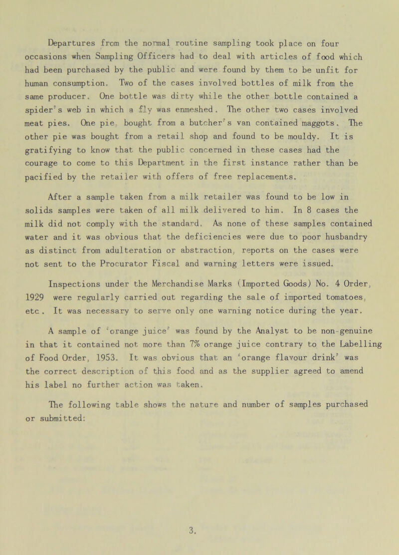 Departures from the normal routine sampling took place on four occasions when Sampling Officers had to deal with articles of food which had been purchased by the public and were found by them to be unfit for human consumption. Two of the cases involved bottles of milk from the same producer. One bottle was dirty while the other bottle contained a spider’s web in which a fly was enmeshed. The other two cases involved meat pies. One pie bought from a butcher's van contained maggots. The other pie was bought from a retail shop and found to be mouldy. It is gratifying to know that the public concerned in these cases had the courage to come to this Department in the first instance rather than be pacified by the retailer with offers of free replacements. After a sample taken from a milk retailer was found to be low in solids samples were taken of all milk delivered to him. In 8 cases the milk did not comply with the standard. As none of these samples contained water and it was obvious that the deficiencies were due to poor husbandry as distinct from adulteration or abstraction, reports on the cases were not sent to the Procurator Fiscal and warning letters were issued. Inspections under the Merchandise Marks (Imported Goods) No. 4 Order, 1929 were regularly carried out regarding the sale of imported tomatoes, etc. It was necessary to serve only one warning notice during the year, A sample of ;orange juice’’ was found by the Analyst to be non genuine in that it contained not more than 7% orange juice contrary to the Labelling of Food Order, 1953. It was obvious that an “orange flavour drink’ was the correct description of this food and as the supplier agreed to amend his label no further action was taken. The following table shows the nature and number of samples purchased or submitted: