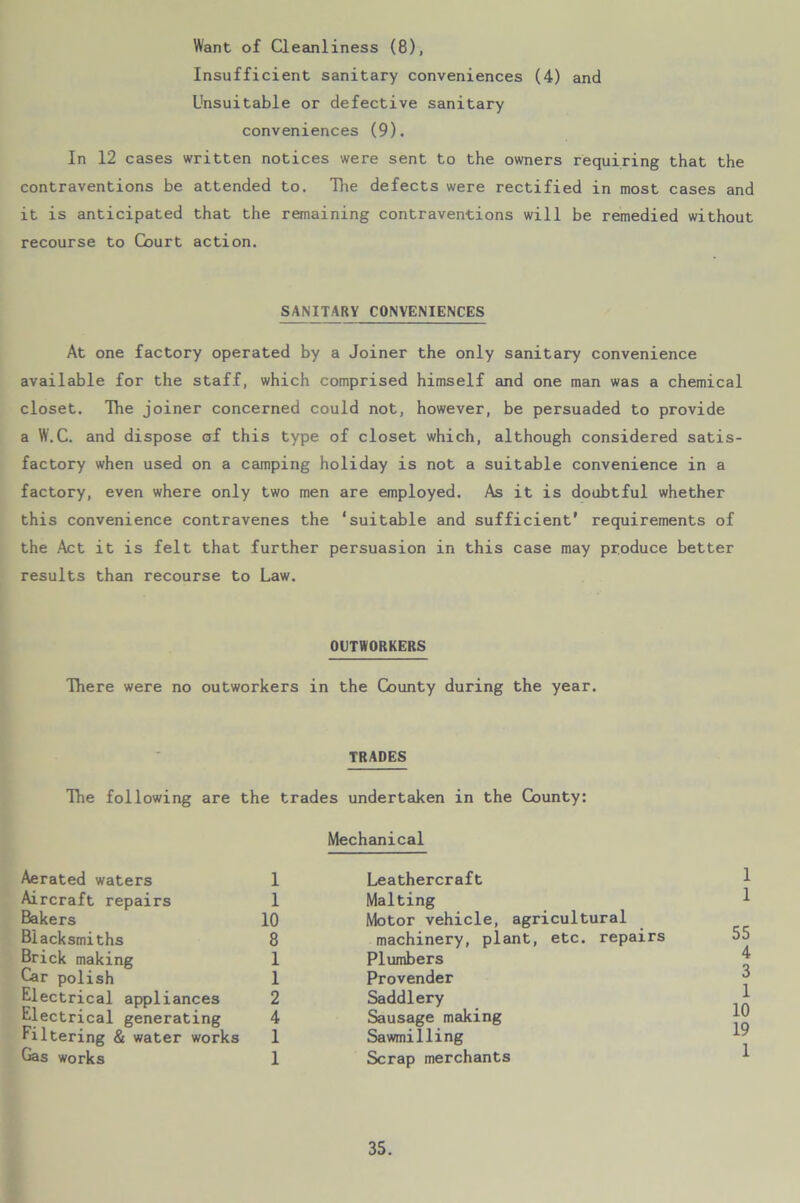 Want of Cleanliness (8), Insufficient sanitary conveniences (4) and Unsuitable or defective sanitary conveniences (9). In 12 cases written notices were sent to the owners requiring that the contraventions be attended to. The defects were rectified in most cases and it is anticipated that the remaining contraventions will be remedied without recourse to Court action. SANITARY CONVENIENCES At one factory operated by a Joiner the only sanitary convenience available for the staff, which comprised himself and one man was a chemical closet. The joiner concerned could not, however, be persuaded to provide a W.C. and dispose of this type of closet which, although considered satis- factory when used on a camping holiday is not a suitable convenience in a factory, even where only two men are employed. As it is doubtful whether this convenience contravenes the ‘suitable and sufficient' requirements of the Act it is felt that further persuasion in this case may produce better results than recourse to Law. OUTWORKERS There were no outworkers in the County during the year. TRADES The following are the trades undertaken in the County: Mechanical Aerated waters 1 Aircraft repairs 1 Bakers 10 Blacksmiths 8 Brick making 1 Car polish 1 Electrical appliances 2 Electrical generating 4 Filtering & water works 1 Gas works 1 Leathercraft Malting Motor vehicle, agricultural machinery, plant, etc. repairs Plumbers Provender Saddlery Sausage making Sawmilling Scrap merchants 1 1 55 4 3 1 10 19 1