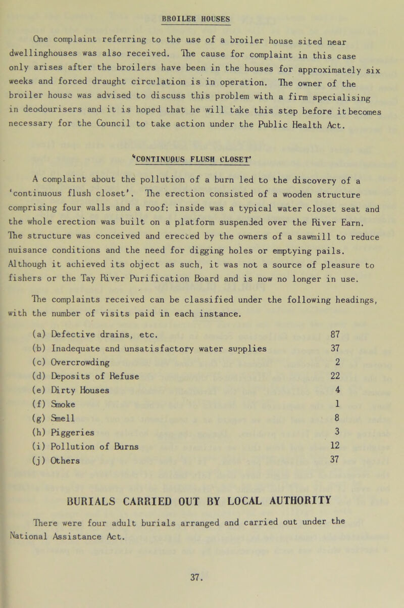 BROILER HOUSES One complaint referring to the use of a broiler house sited near dwellinghouses was also received. The cause for complaint in this case only arises after the broilers have been in the houses for approximately six weeks and forced draught circulation is in operation. The owner of the broiler house was advised to discuss this problem with a firm specialising in deodourisers and it is hoped that he will take this step before it becomes necessary for the Council to take action under the Public Health Act. ‘‘CONTINUOUS FLUSH CLOSEr A complaint about the pollution of a burn led to the discovery of a ‘continuous flush closet’. The erection consisted of a wooden structure comprising four walls and a roof: inside was a typical water closet seat and the whole erection was built on a platform suspended over the River Earn. The structure was conceived and erecced by the owners of a sawmill to reduce nuisance conditions and the need for digging holes or emptying pails. Although it achieved its object as such, it was not a source of pleasure to fishers or the Tay River Purification Board and is now no longer in use. The complaints received can be classified under the following headings, with the number of visits paid in each instance. (a) Defective drains, etc. 87 (b) Inadequate and unsatisfactory water supplies 37 (c) Overcrowding 2 (d) Deposits of Refuse 22 (e) Dirty Houses 4 (f) Smoke 1 (g) Smell 8 (h) Piggeries 3 (i) Pollution of Burns 12 (j) Others 37 BURIALS CARRIED OUT BY LOCAL AUTHORITY There were four adult burials arranged and carried out under the National Assistance Act.