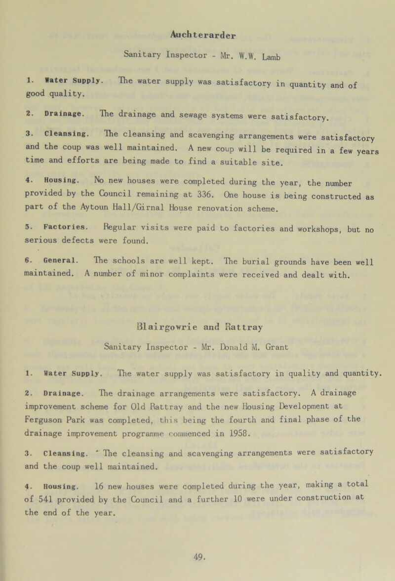 Auchterarder Sanitary Inspector - Mr. W.W. Lamb 1. Water Supply. The water supply was satisfactory in quantity and of good quality. 2. Drainage. The drainage and sewage systems were satisfactory. 3. Cleansing. The cleansing and scavenging arrangements were satisfactory and the coup was well maintained. A new coup will be required in a few years time and efforts are being made to find a suitable site. 4. Housing. No new houses were completed during the year, the number provided by the Council remaining at 336. One house is being constructed as part of the Aytoun Hall/Girnal House renovation scheme. 5. Factories. Regular visits were paid to factories and workshops, but no serious defects were found. 6. General. The schools are well kept. The burial grounds have been well maintained. A number of minor complaints were received and dealt with. Blairgowrie and Battray Sanitary Inspector - Mr. Donald M. Grant 1. Water Supply. The water supply was satisfactory in quality and quantity. 2. Drainage. The drainage arrangements were satisfactory. A drainage improvement scheme for Old Rattray and the new Housing Development at Ferguson Park was completed, this being the fourth and final phase of the drainage improvement programme commenced in 1958. 3. Cleansing. ' The cleansing and scavenging arrangements were satisfactory and the coup well maintained. 4. Housing. 16 new houses were completed during the year, making a total of 541 provided by the Council and a further 10 were under construction at the end of the year.