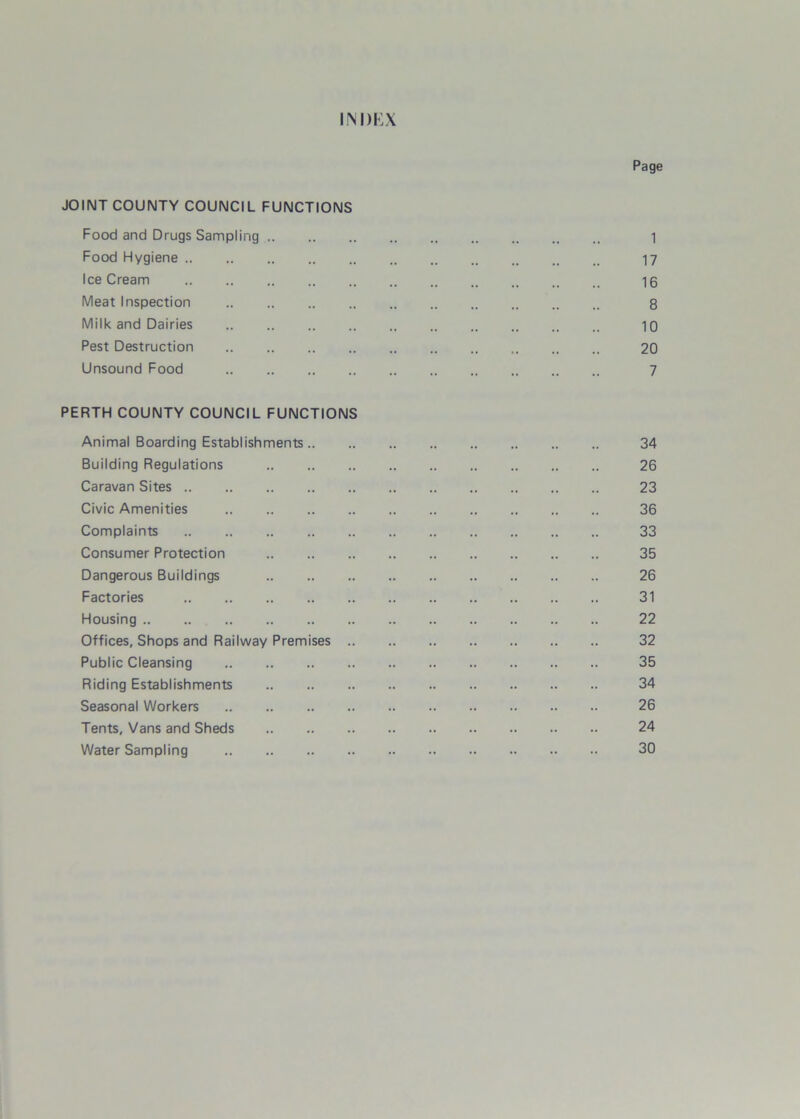 INDEX Page JOINT COUNTY COUNCIL FUNCTIONS Food and Drugs Sampling 1 Food Hygiene .. .. .. 17 IceCream 16 Meat Inspection 8 Milk and Dairies .. 10 Pest Destruction 20 Unsound Food .. 7 PERTH COUNTY COUNCIL FUNCTIONS Animal Boarding Establishments 34 Building Regulations 26 Caravan Sites 23 Civic Amenities 36 Complaints 33 Consumer Protection 35 Dangerous Buildings 26 Factories 31 Housing .. .. 22 Offices, Shops and Railway Premises 32 Public Cleansing 35 Riding Establishments 34 Seasonal Workers 26 Tents, Vans and Sheds 24 Water Sampling 30
