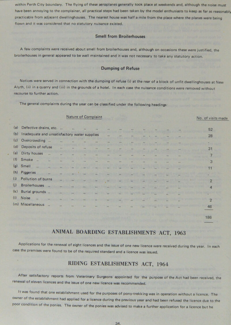 within Perth City boundary. The flying of these aeroplanes generally took place at weekends and, although the noise must have been annoying to the complainer, all practical steps had been taken by the model enthusiasts to keep as far as reasonably practicable from adjacent dwellinghouses. The nearest house was half a mile from the place where the planes were being flown and it was considered that no statutory nuisance existed. Smell from Broilerhouses A few complaints were received about smell from broilerhouses and, although on occasions these were justified, the broilerhouses in general appeared to be well maintained and it was not necessary to take any statutory action. Dumping of Refuse Notices were served in connection with the dumping of refuse (i) at the rear of a block of unfit dwellinghouses at New Alyth, (ii) in a quarry and (iii) in the grounds of a hotel. In each case the nuisance conditions were removed without recourse to further action. The general complaints during the year can be classified under the following headings: Nature of Complaint (a) Defective drains, etc. .. (b) Inadequate and unsatisfactory (c) Overcrowding .. (d) Deposits of refuse (e) Dirty houses (f) Smoke .. (g) Smell (h) Piggeries (i) Pollution of burns (j) Broilerhouses .. (k) Burial grounds .. (l) Noise (m) Miscellaneous .. water supplies No. of visits made 52 28 31 7 3 11 2 4 2 46 186 ANIMAL BOARDING ESTABLISHMENTS ACT, 1963 Applications for the renewal of eight licences and the issue of one new licence were received during the year. In each case the premises were found to be of the required standard and a licence was issued. RIDING ESTABLISHMENTS ACT, 1964 After satisfactory reports from Veterinary Surgeons appointed for the purpose of the Act had been received, the renewal of eleven licences and the issue of one new licence was recommended. It was found that one establishment used for the purposes of pony-trekking was in operation without a licence. The owner of the establishment had applied for a licence during the previous year and had been refused the licence due to the poor condition of the ponies. The owner of the ponies was advised to make a further application for a licence but he