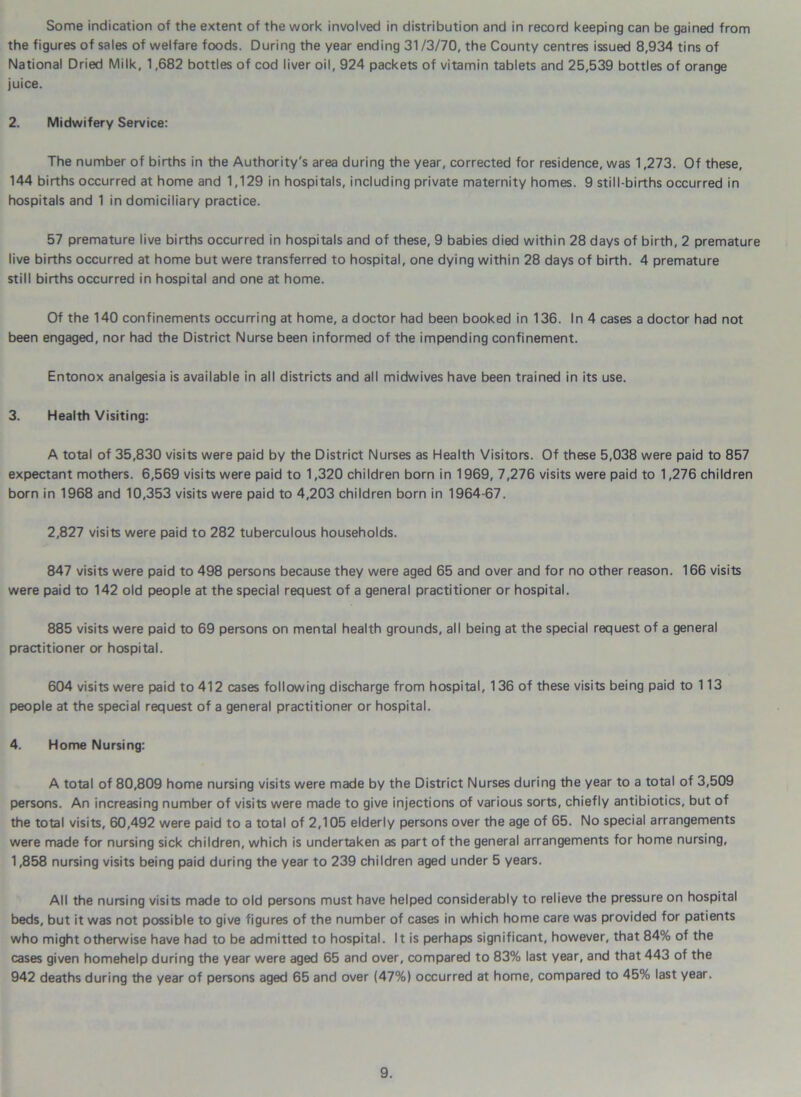 Some indication of the extent of the work involved in distribution and in record keeping can be gained from the figures of sales of welfare foods. During the year ending 31 /3/70, the County centres issued 8,934 tins of National Dried Milk, 1,682 bottles of cod liver oil, 924 packets of vitamin tablets and 25,539 bottles of orange juice. 2. Midwifery Service: The number of births in the Authority's area during the year, corrected for residence, was 1,273. Of these, 144 births occurred at home and 1,129 in hospitals, including private maternity homes. 9 still-births occurred in hospitals and 1 in domiciliary practice. 57 premature live births occurred in hospitals and of these, 9 babies died within 28 days of birth, 2 premature live births occurred at home but were transferred to hospital, one dying within 28 days of birth. 4 premature still births occurred in hospital and one at home. Of the 140 confinements occurring at home, a doctor had been booked in 136. In 4 cases a doctor had not been engaged, nor had the District Nurse been informed of the impending confinement. Entonox analgesia is available in all districts and all midwives have been trained in its use. 3. Health Visiting: A total of 35,830 visits were paid by the District Nurses as Health Visitors. Of these 5,038 were paid to 857 expectant mothers. 6,569 visits were paid to 1,320 children born in 1969, 7,276 visits were paid to 1,276 children born in 1968 and 10,353 visits were paid to 4,203 children born in 1964-67. 2,827 visits were paid to 282 tuberculous households. 847 visits were paid to 498 persons because they were aged 65 and over and for no other reason. 166 visits were paid to 142 old people at the special request of a general practitioner or hospital. 885 visits were paid to 69 persons on mental health grounds, all being at the special request of a general practitioner or hospital. 604 visits were paid to 412 cases following discharge from hospital, 136 of these visits being paid to 113 people at the special request of a general practitioner or hospital. 4. Home Nursing: A total of 80,809 home nursing visits were made by the District Nurses during the year to a total of 3,509 persons. An increasing number of visits were made to give injections of various sorts, chiefly antibiotics, but of the total visits, 60,492 were paid to a total of 2,105 elderly persons over the age of 65. No special arrangements were made for nursing sick children, which is undertaken as part of the general arrangements for home nursing, 1,858 nursing visits being paid during the year to 239 children aged under 5 years. All the nursing visits made to old persons must have helped considerably to relieve the pressure on hospital beds, but it was not possible to give figures of the number of cases in which home care was provided for patients who might otherwise have had to be admitted to hospital. It is perhaps significant, however, that 84% of the cases given homehelp during the year were aged 65 and over, compared to 83% last year, and that 443 of the 942 deaths during the year of persons aged 65 and over (47%) occurred at home, compared to 45% last year.