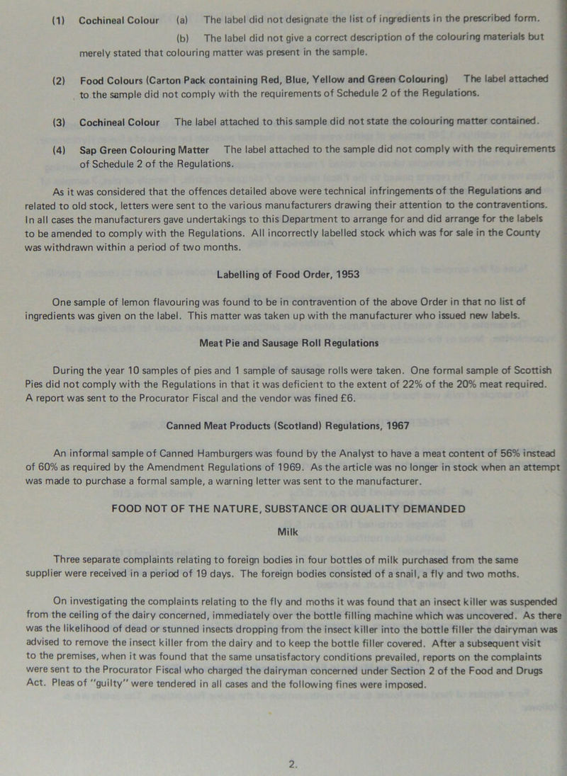 (1) Cochineal Colour (a) The label did not designate the list of ingredients in the prescribed form. (b) The label did not give a correct description of the colouring materials but merely stated that colouring matter was present in the sample. (2) Food Colours (Carton Pack containing Red, Blue, Yellow and Green Colouring) The label attached to the sample did not comply with the requirements of Schedule 2 of the Regulations. (3) Cochineal Colour The label attached to this sample did not state the colouring matter contained. (4) Sap Green Colouring Matter The label attached to the sample did not comply with the requirements of Schedule 2 of the Regulations. As it was considered that the offences detailed above were technical infringements of the Regulations and related to old stock, letters were sent to the various manufacturers drawing their attention to the contraventions. In all cases the manufacturers gave undertakings to this Department to arrange for and did arrange for the labels to be amended to comply with the Regulations. All incorrectly labelled stock which was for sale in the County was withdrawn within a period of two months. Labelling of Food Order, 1953 One sample of lemon flavouring was found to be in contravention of the above Order in that no list of ingredients was given on the label. This matter was taken up with the manufacturer who issued new labels. Meat Pie and Sausage Roll Regulations During the year 10 samples of pies and 1 sample of sausage rolls were taken. One formal sample of Scottish Pies did not comply with the Regulations in that it was deficient to the extent of 22% of the 20% meat required. A report was sent to the Procurator Fiscal and the vendor was fined £6. Canned Meat Products (Scotland) Regulations, 1967 An informal sample of Canned Hamburgers was found by the Analyst to have a meat content of 56% instead of 60% as required by the Amendment Regulations of 1969. As the article was no longer in stock when an attempt was made to purchase a formal sample, a warning letter was sent to the manufacturer. FOOD NOT OF THE NATURE, SUBSTANCE OR QUALITY DEMANDED Milk Three separate complaints relating to foreign bodies in four bottles of milk purchased from the same supplier were received in a period of 19 days. The foreign bodies consisted of a snail, a fly and two moths. On investigating the complaints relating to the fly and moths it was found that an insect killer was suspended from the ceiling of the dairy concerned, immediately over the bottle filling machine which was uncovered. As there was the likelihood of dead or stunned insects dropping from the insect killer into the bottle filler the dairyman was advised to remove the insect killer from the dairy and to keep the bottle filler covered. After a subsequent visit to the premises, when it was found that the same unsatisfactory conditions prevailed, reports on the complaints were sent to the Procurator Fiscal who charged the dairyman concerned under Section 2 of the Food and Drugs Act. Pleas of guilty were tendered in all cases and the following fines were imposed.