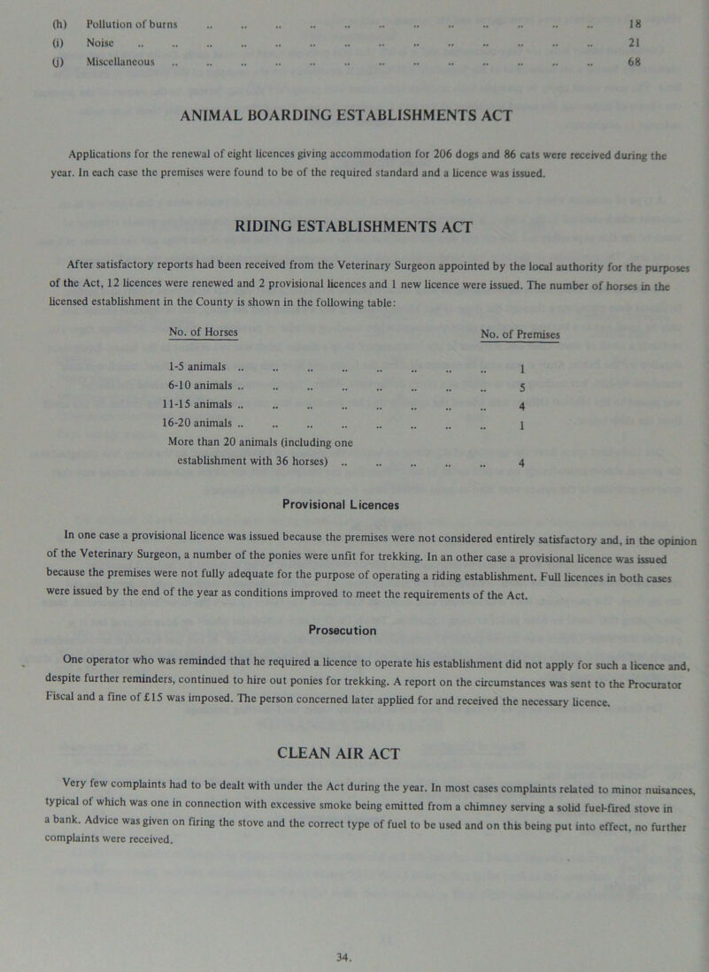 (h) Pollution of burns 18 (i) Noise 21 <j) Miscellaneous 68 ANIMAL BOARDING ESTABLISHMENTS ACT Applications for the renewal of eight licences giving accommodation for 206 dogs and 86 cats were received during the year. In each case the premises were found to be of the required standard and a licence was issued. RIDING ESTABLISHMENTS ACT After satisfactory reports had been received from the Veterinary Surgeon appointed by the local authority for the purposes of the Act, 12 licences were renewed and 2 provisional licences and 1 new licence were issued. The number of horses in the licensed establishment in the County is shown in the following table: No. of Horses No. of Premises 1-5 animals .. 6-10 animals .. 11-15 animals .. 16-20 animals .. More than 20 animals (including one establishment with 36 horses) .. 1 5 4 1 4 Provisional Licences In one case a provisional licence was issued because the premises were not considered entirely satisfactory and, in the opinion of the Veterinary Surgeon, a number of the ponies were unfit for trekking. In an other case a provisional licence was issued because the premises were not fully adequate for the purpose of operating a riding establishment. Full licences in both cases were issued by the end of the year as conditions improved to meet the requirements of the Act. Prosecution One operator who was reminded that he required a licence to operate his establishment did not apply for such a licence and, despite further reminders, continued to hire out ponies for trekking. A report on the circumstances was sent to the Procurator Fiscal and a fine of £15 was imposed. The person concerned later applied for and received the necessary licence. CLEAN AIR ACT Very few complaints had to be dealt with under the Act during the year. In most cases complaints related to minor nuisances, typical of which was one in connection with excessive smoke being emitted from a chimney serving a solid fuel-fired stove in a bank. Advice was given on firing the stove and the correct type of fuel to be used and on this being put into effect, no further complaints were received.