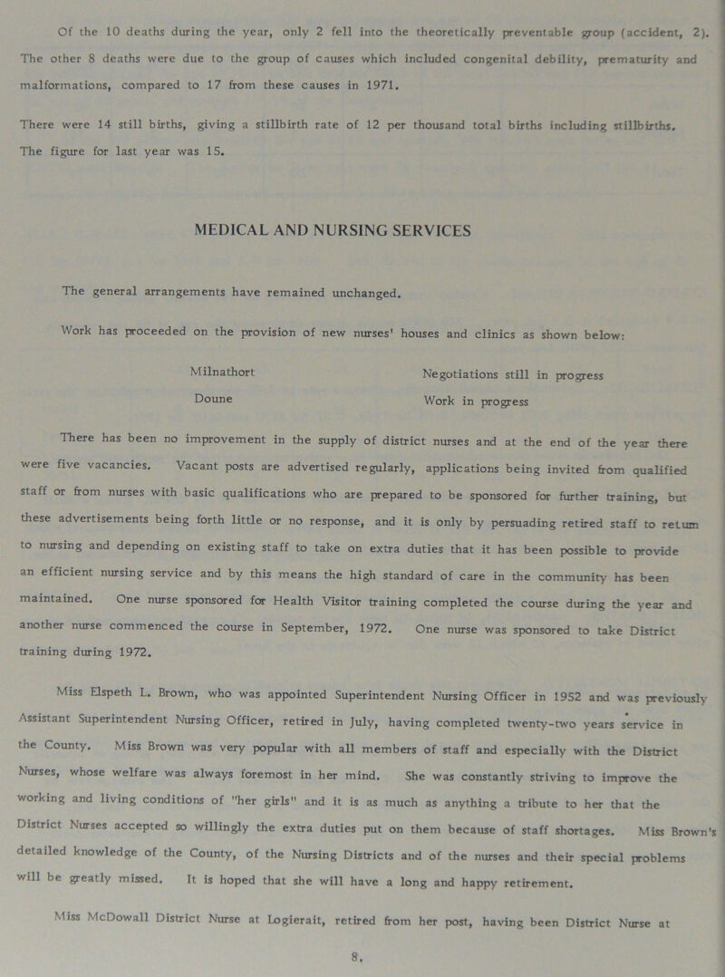 Of the 10 deaths during the year, only 2 fell into the theoretically preventable group (accident, 2). The other 8 deaths were due to the group of causes which included congenital debility, prematurity and malformations, compared to 17 from these causes in 1971. There were 14 still births, giving a stillbirth rate of 12 per thousand total births including stillbirths. The figure for last year was 15. MEDICAL AND NURSING SERVICES The general arrangements have remained unchanged. Work has proceeded on the provision of new nurses' houses and clinics as shown below: Milnathort Negotiations still in progress Doune Work in progress There has been no improvement in the supply of district nurses and at the end of the year there were five vacancies. Vacant posts are advertised regularly, applications being invited from qualified staff or from nurses with basic qualifications who are prepared to be sponsored for further training, but these advertisements being forth little or no response, and it is only by persuading retired staff to return to nursing and depending on existing staff to take on extra duties that it has been possible to provide an efficient nursing service and by this means the high standard of care in the community has been maintained. One nurse sponsored for Health Visitor training completed the course during the year and another nurse commenced the course in September, 1972. One nurse was sponsored to take District training during 1972. Miss Elspeth L. Brown, who was appointed Superintendent Nursing Officer in 1952 and was previously Assistant Superintendent Nursing Officer, retired in July, having completed twenty-two years service in the County. Miss Brown was very popular with all members of staff and especially with the District Nurses, whose welfare was always foremost in her mind. She was constantly striving to improve the working and living conditions of her girls and it is as much as anything a tribute to her that the District Nurses accepted so willingly the extra duties put on them because of staff shortages. Miss Brown's detailed knowledge of the County, of the Nursing Districts and of the nurses and their special problems will be greatly missed. It is hoped that she will have a long and happy retirement. Miss McDowall District Nurse at Logierait, retired from her post, having been District Nurse at