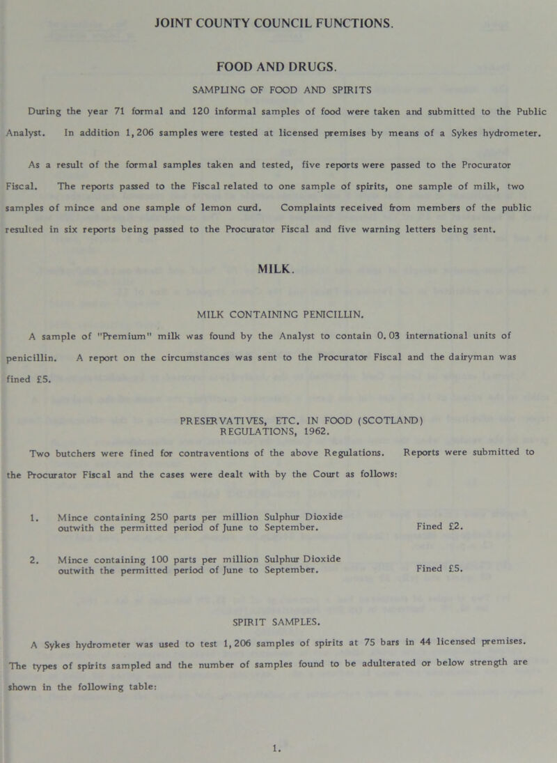 JOINT COUNTY COUNCIL FUNCTIONS. FOOD AND DRUGS. SAMPLING OF FOOD AND SPIRITS During the year 71 formal and 120 informal samples of food were taken and submitted to the Public Analyst. In addition 1,206 samples were tested at licensed premises by means of a Sykes hydrometer. As a result of the formal samples taken and tested, five reports were passed to the Procurator Fiscal. The reports passed to the Fiscal related to one sample of spirits, one sample of milk, two samples of mince and one sample of lemon curd. Complaints received from members of the public resulted in six reports being passed to the Procurator Fiscal and five warning letters being sent. MILK. MILK CONTAINING PENICILLIN. A sample of Premium milk was found by the Analyst to contain 0.03 international units of penicillin. A report on the circumstances was sent to the Procurator Fiscal and the dairyman was fined £5. PRESERVATIVES, ETC. IN FOOD (SCOTLAND) REGULATIONS, 1962. Two butchers were fined for contraventions of the above Regulations. Reports were submitted to the Procurator Fiscal and the cases were dealt with by the Court as follows: 1. Mince containing 250 parts per million Sulphur Dioxide outwith the permitted period of June to September. Fined £2. 2. Mince containing 100 parts per million Sulphur Dioxide outwith the permitted period of June to September. Fined £5. SPIRIT SAMPLES. A Sykes hydrometer was used to test 1, 206 samples of spirits at 75 bars in 44 licensed premises. The types of spirits sampled and the number of samples found to be adulterated or below strength are shown in the following table: